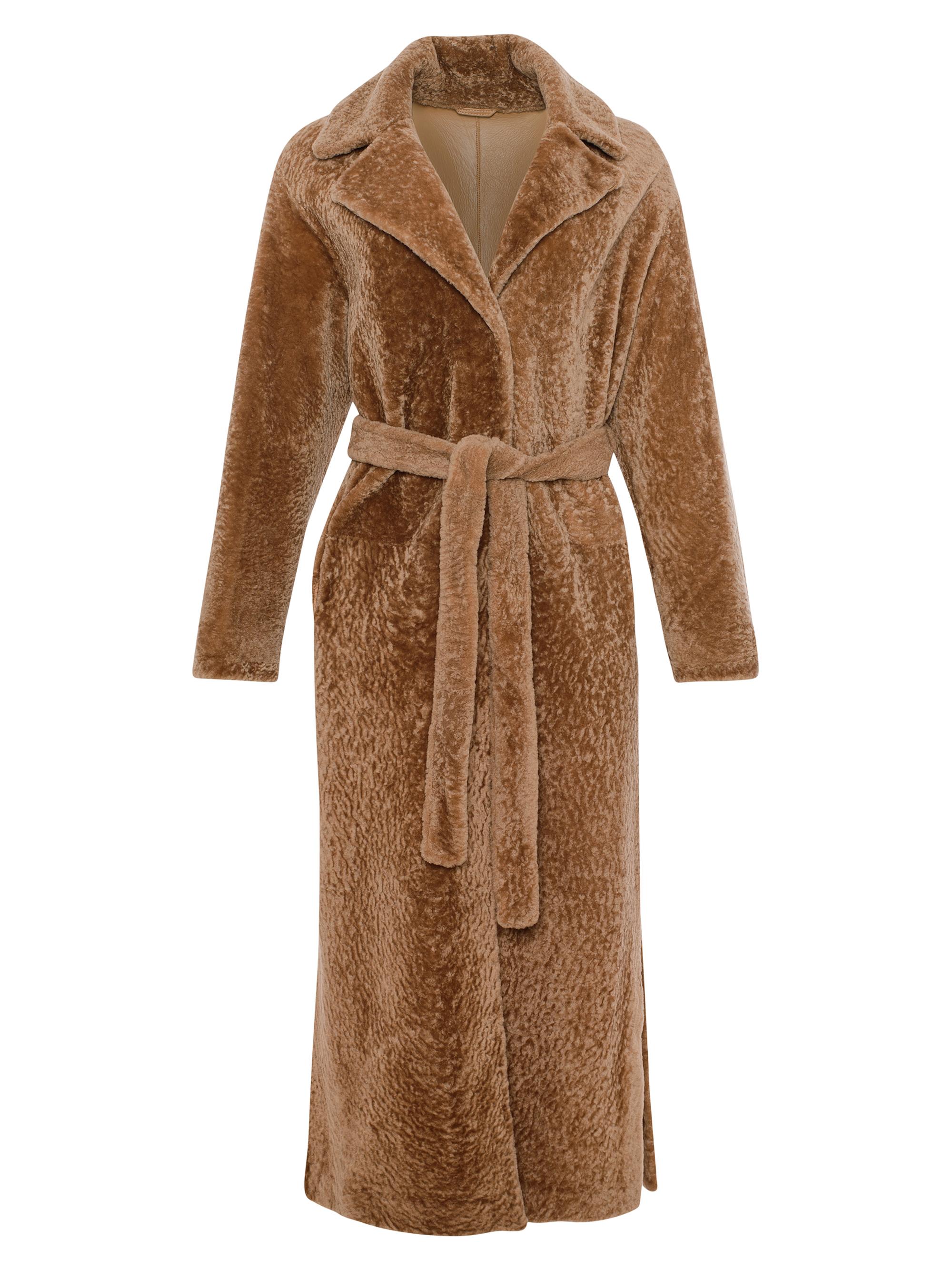 Gorski Women's Reversible Textured Shearling Lamb Coat with Side Slits, Belt - Latte