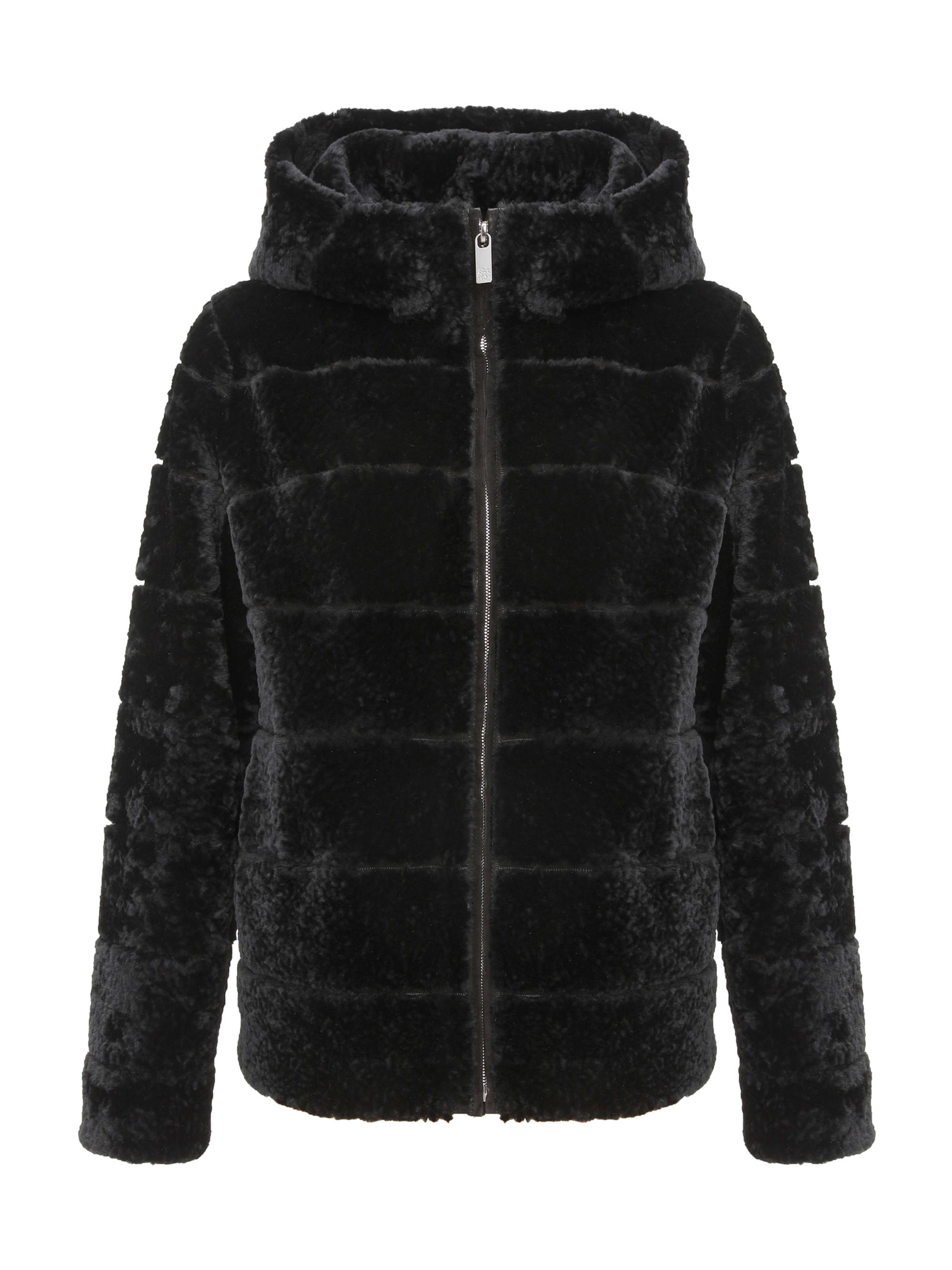 Gorski Women's Horizontal Curly Shearling Lamb Zip Jacket with Hood - Black