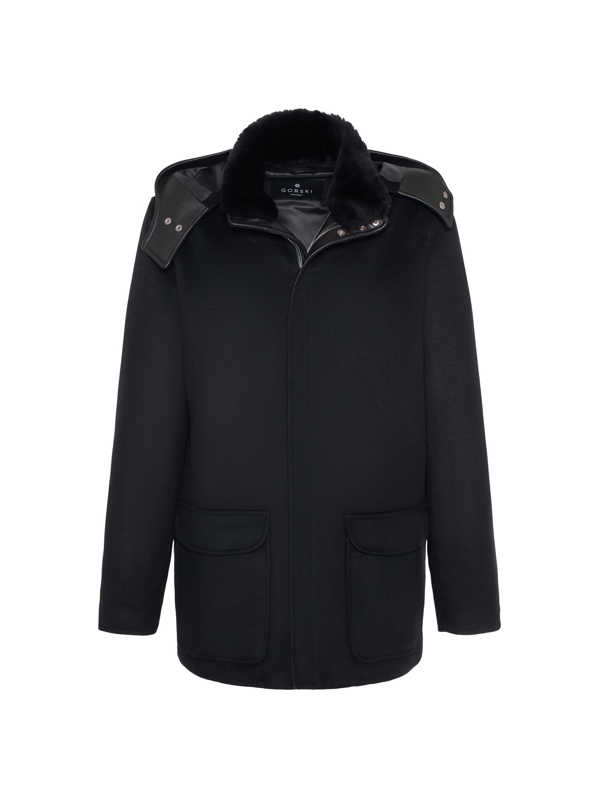 Gorski Men's Wool Parka with Leather Trim and Shearling Lamb Collar - Black