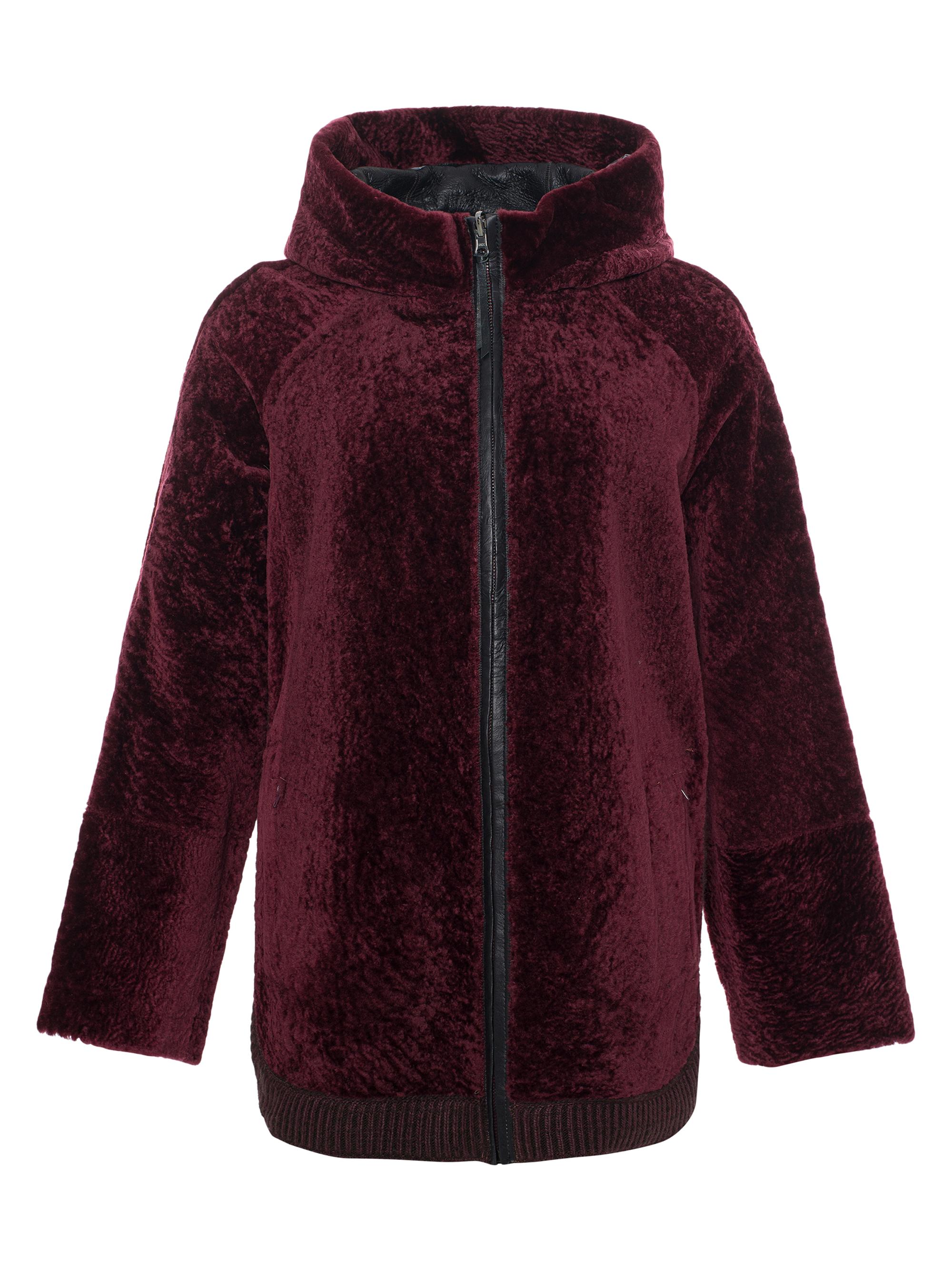 Gorski Women's Reversible Textured Shearling Lamb Zip Parka with Ribbed Hem - Burgundy