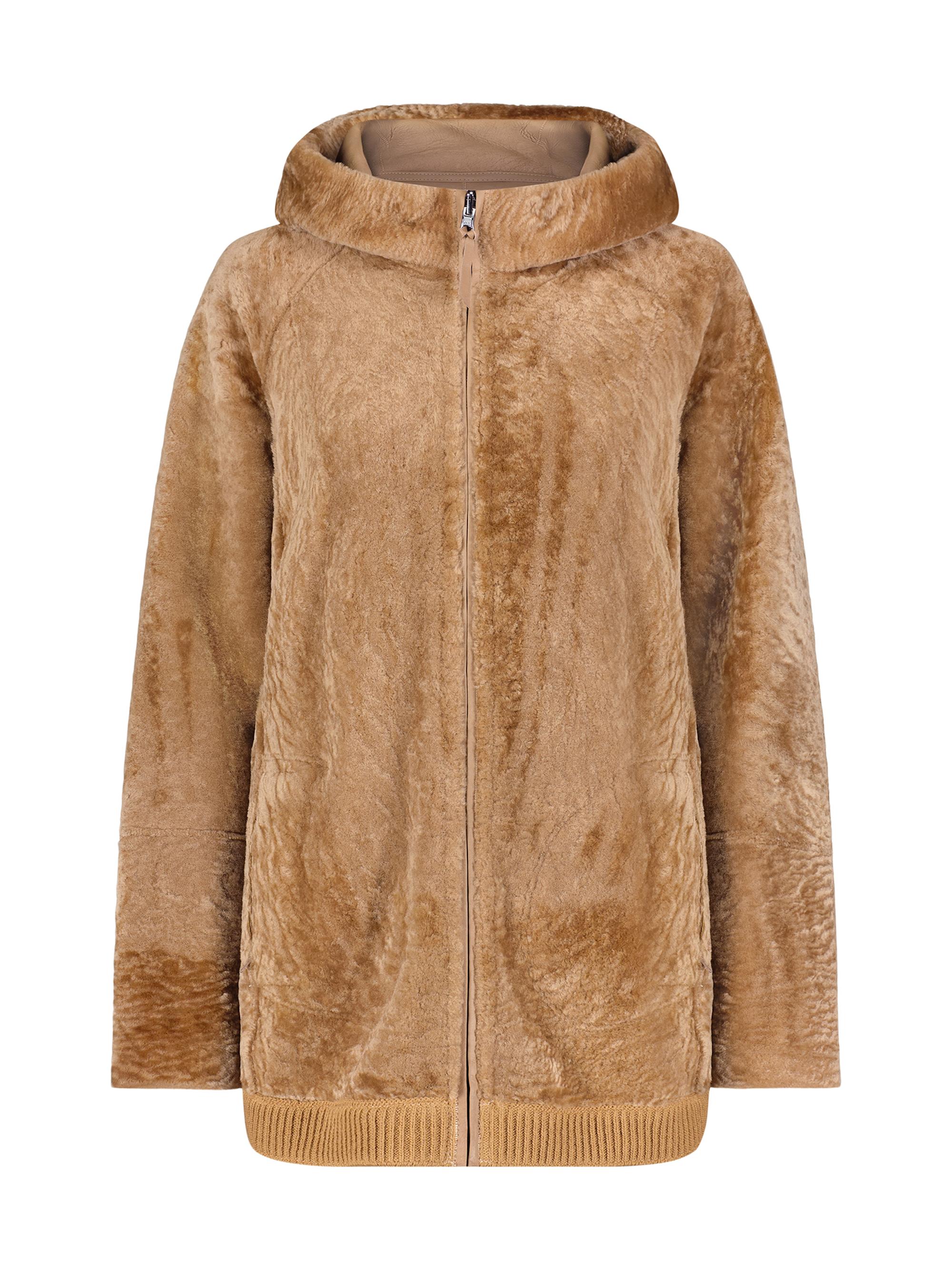 Gorski Women's Reversible Textured Shearling Lamb Zip Parka with Ribbed Hem - Latte