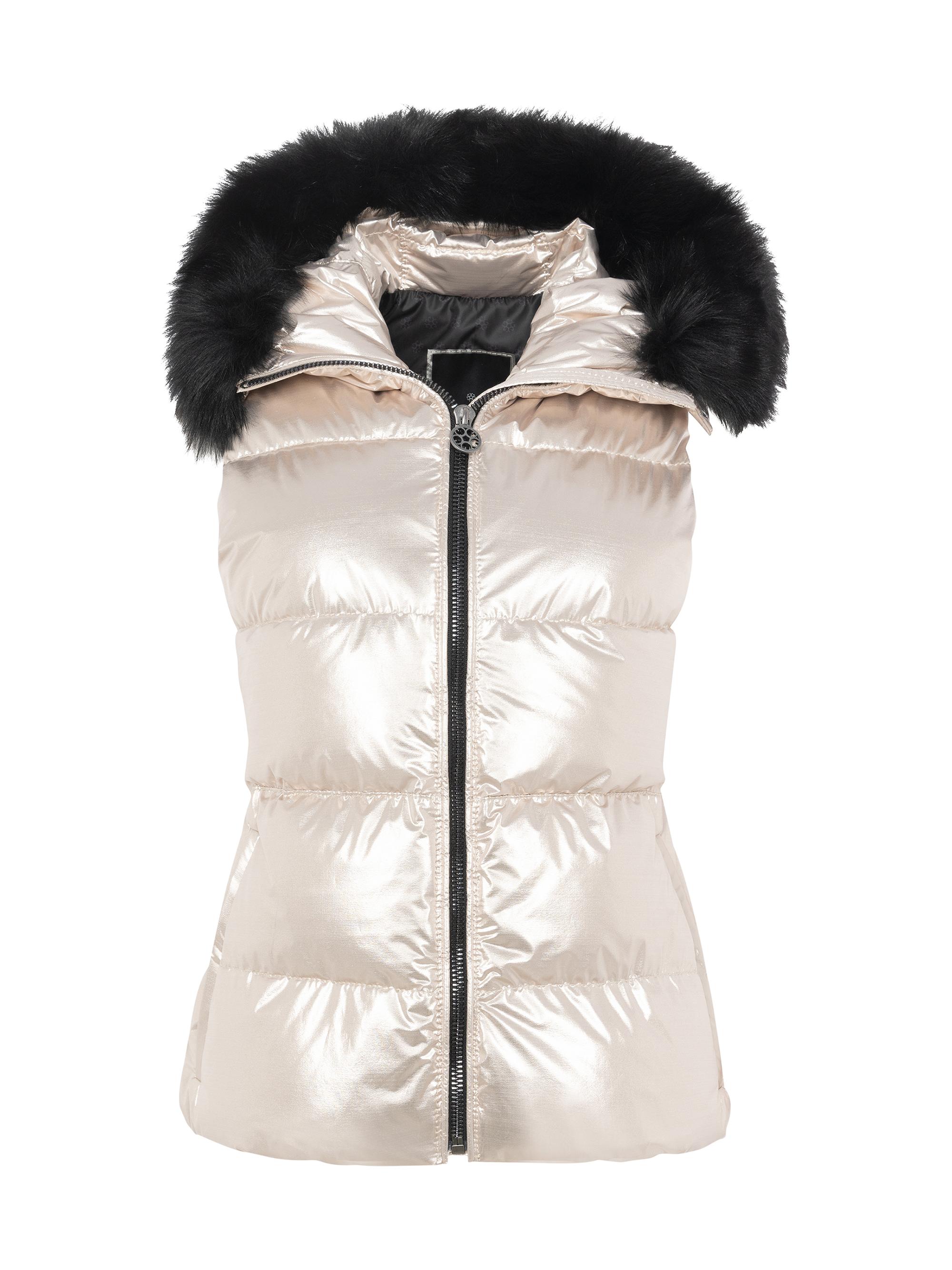 Gorski Women's Apres-Ski Vest with Detachable Toscana Shearling Lamb Hood Trim - Gold