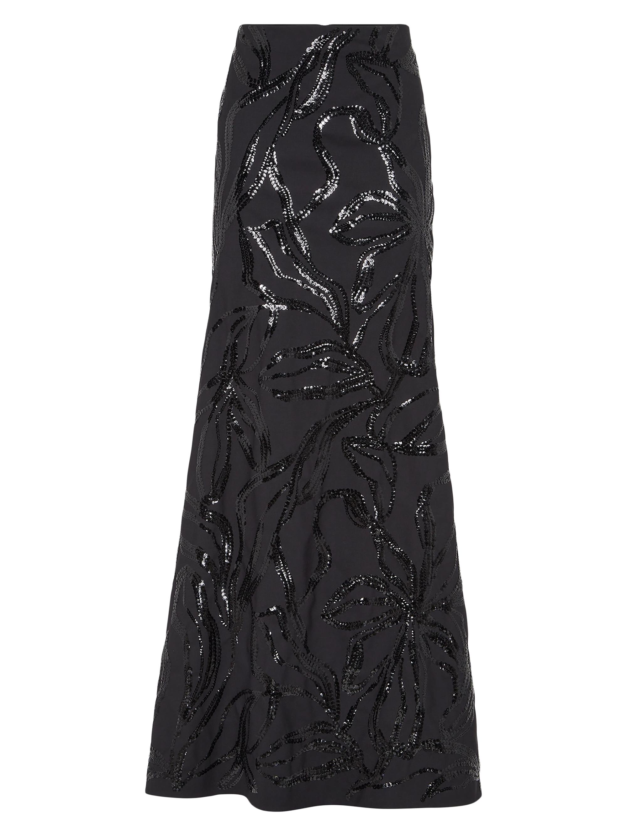 Brunello Cucinelli Women's Tropical Luxury Wool Long Mermaid Skirt with Dazzling Floral Embroidery - Black