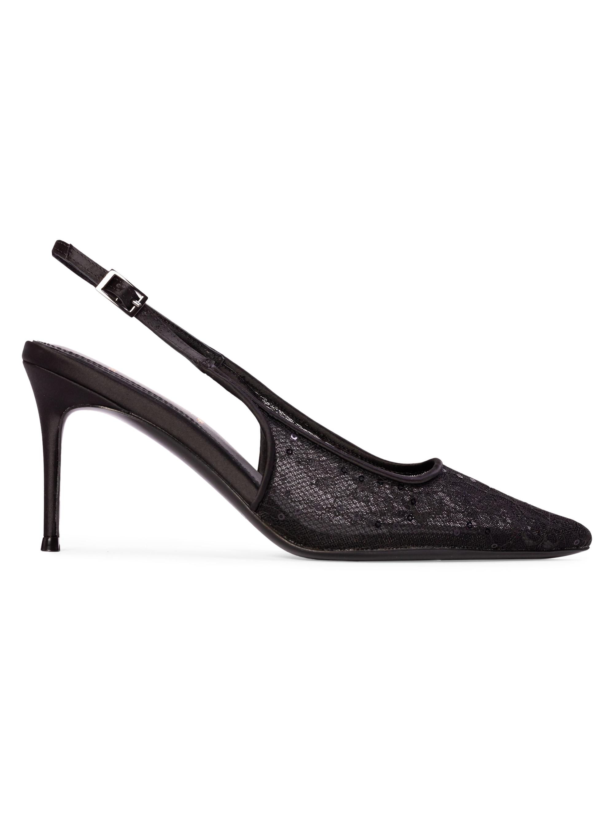 Black Suede Studio Women's Marina 80MM Lace Slingback Pumps - Black Sequin Lace