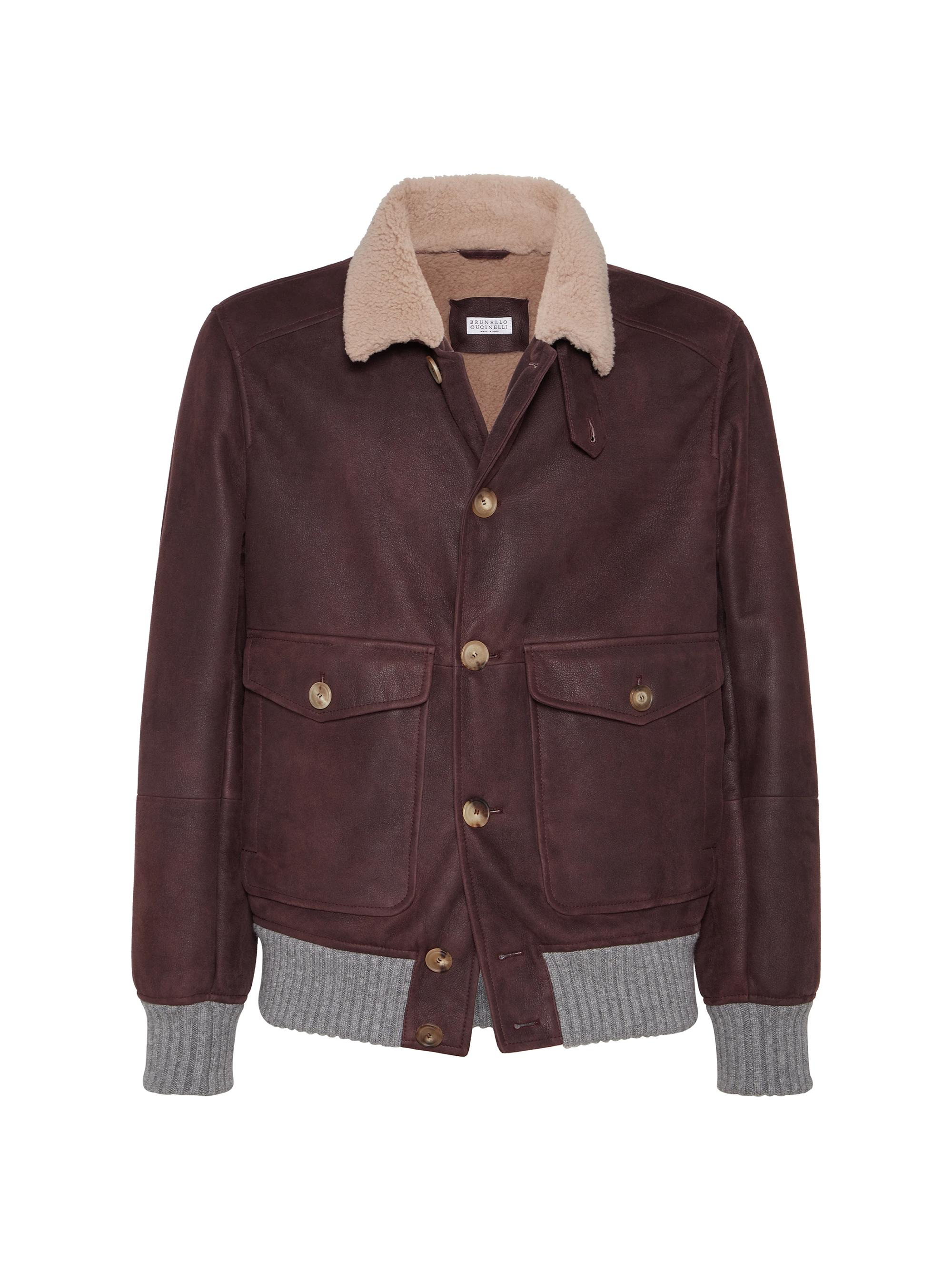 Brunello Cucinelli Men's Nubuck Effect Shearling Aviator Jacket with Cashmere Knit Inserts - Purple