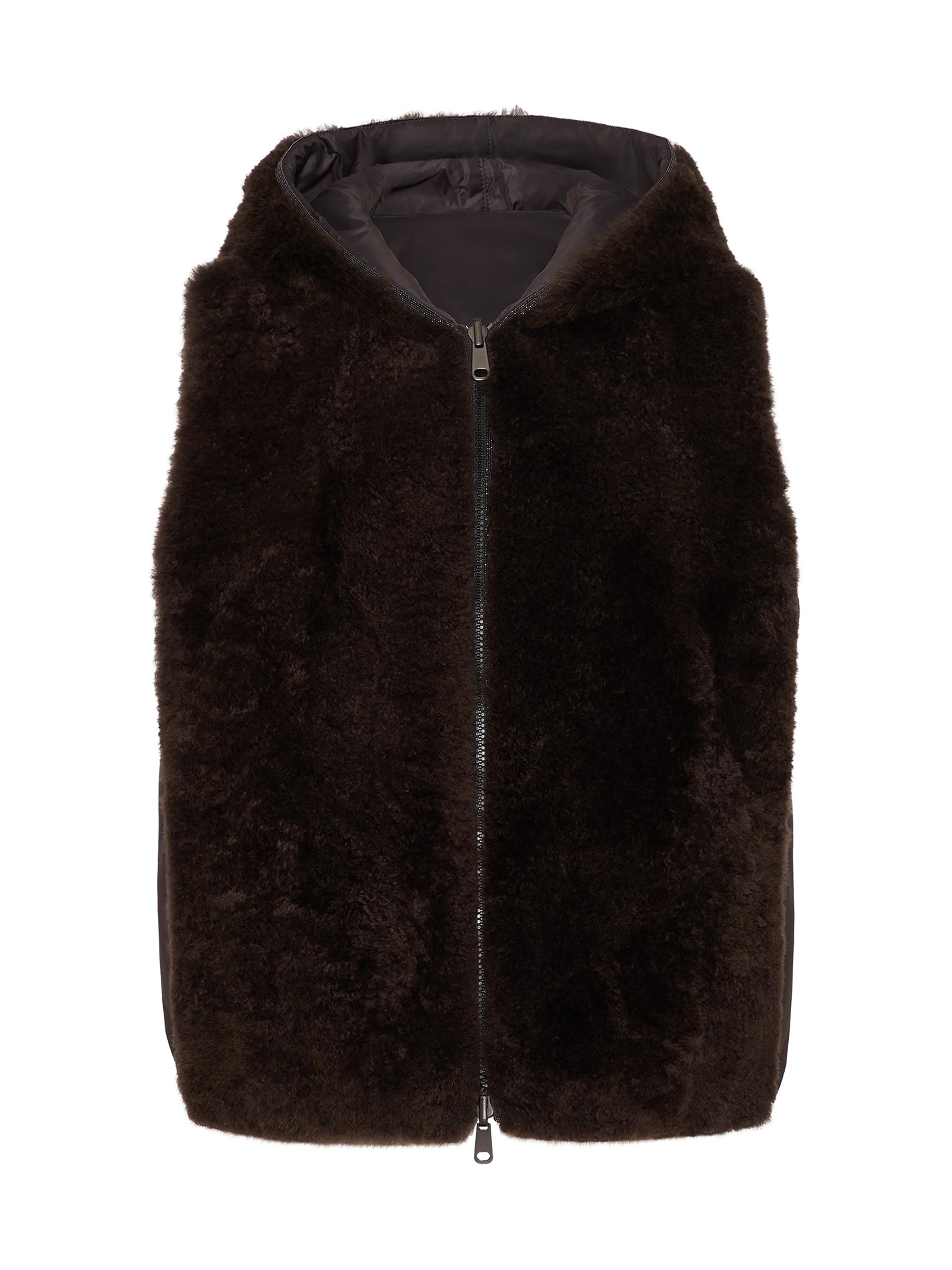 Brunello Cucinelli Women's Cashmere Shearling Reversible Hooded Vest with Precious Trim - Rust Brown