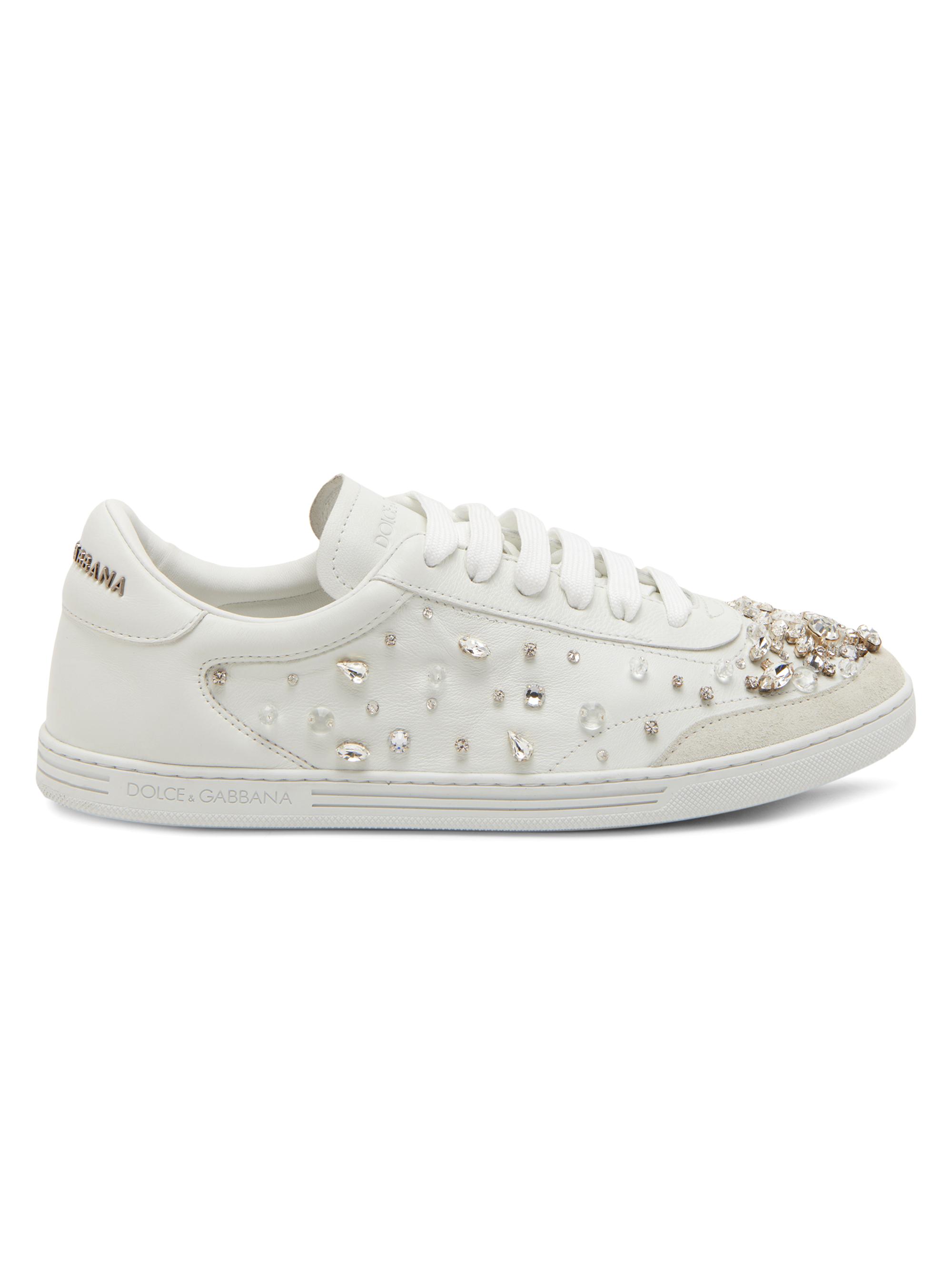 Dolce & Gabbana Women's Crystal-Embellished Leather Low-Top Sneakers - Bianco Panna