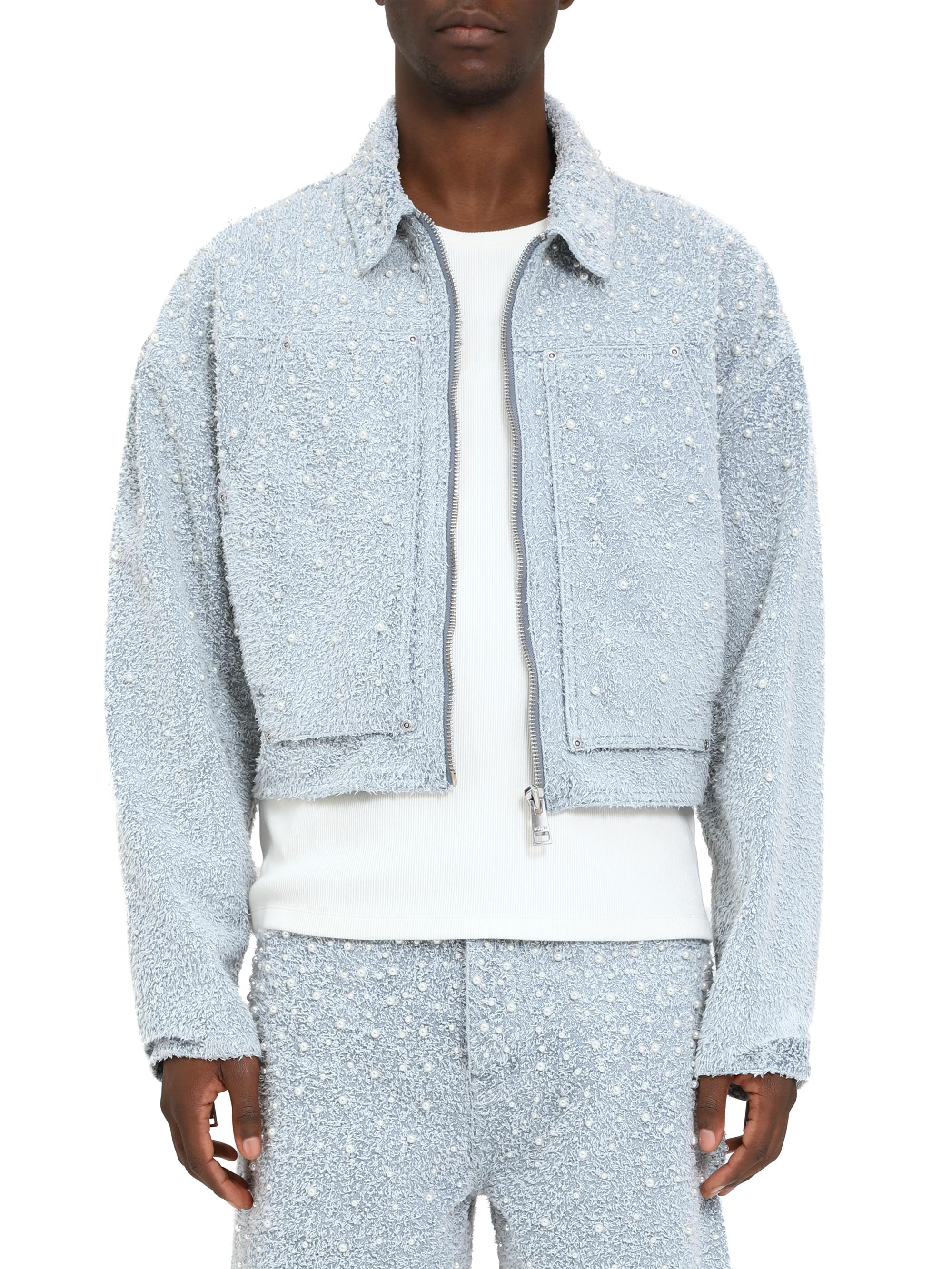 【CLANE】PEARL DOT JACKET Hixiaohe Women Loose Embroidered Pearls Beading Cropped Denim