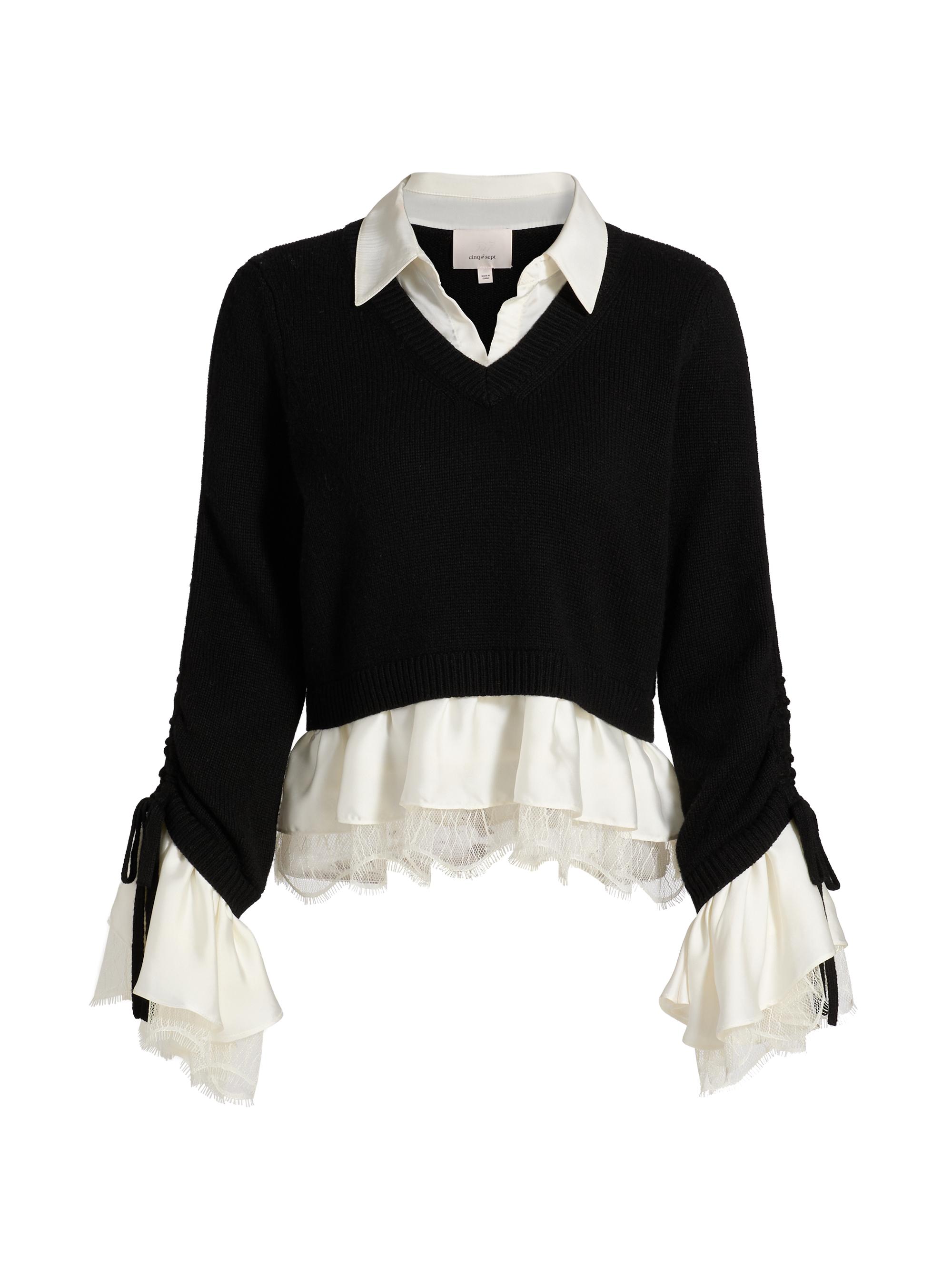 CINQ A SEPT Women's Milla Ruffled V-Neck Combo Sweater - Cappuccino