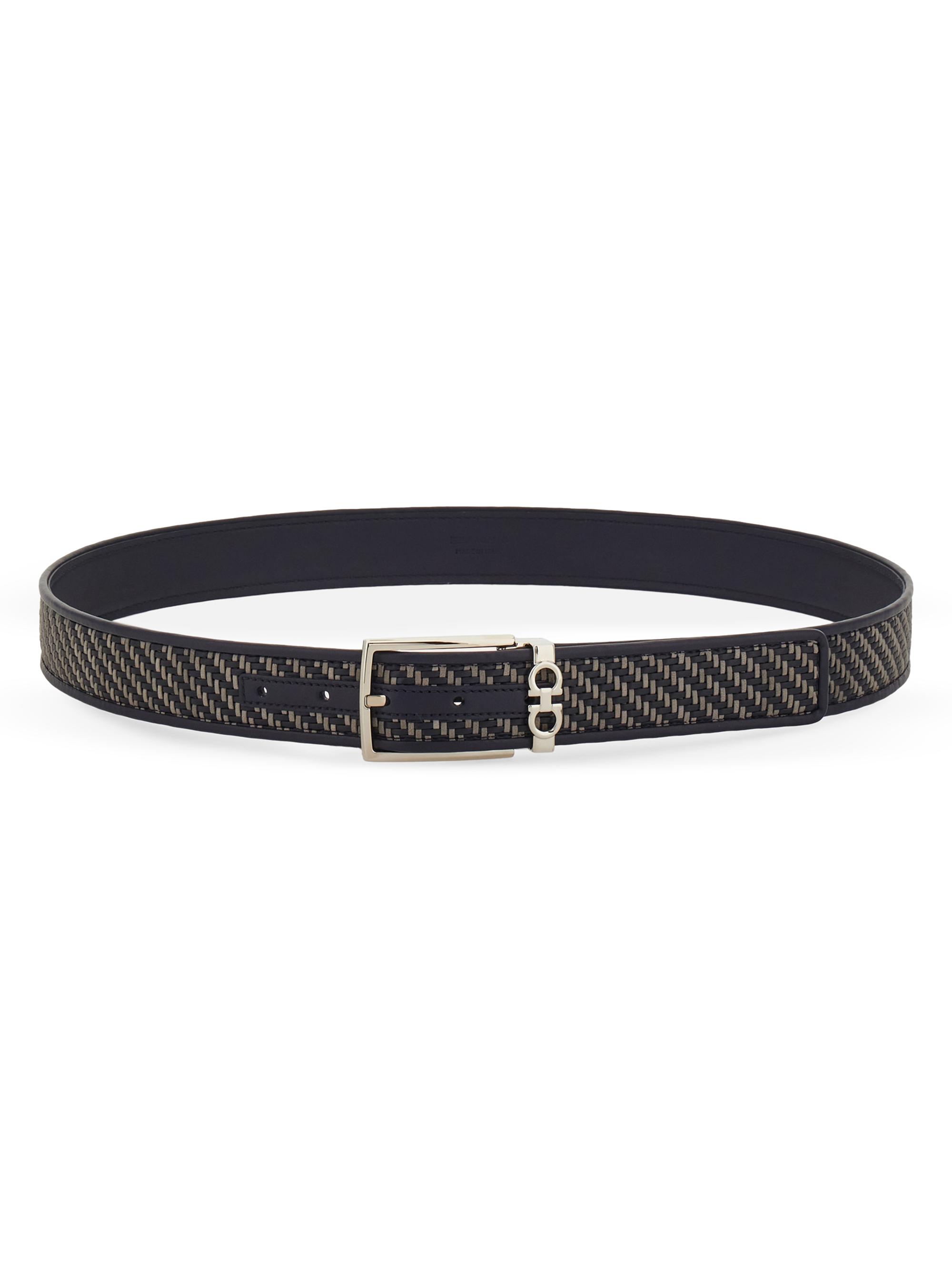 FERRAGAMO Men's Double Adjustable Woven Leather Belt - New Navy Dark Grey