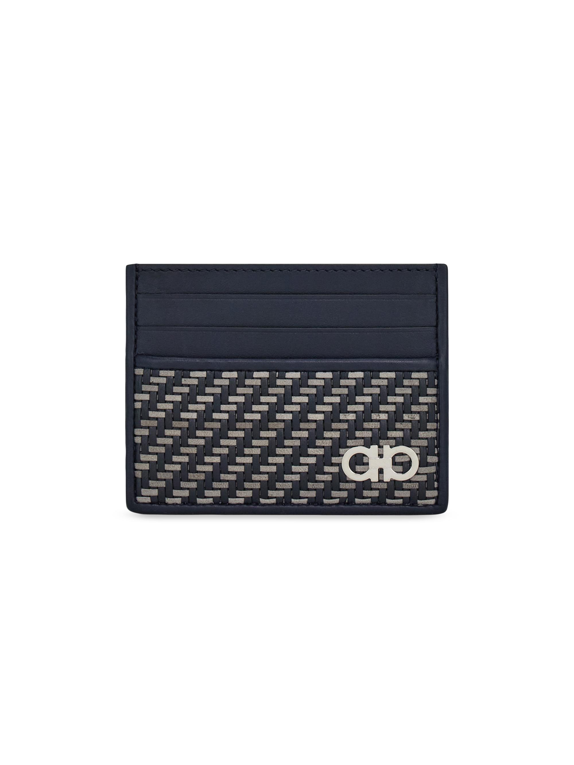 FERRAGAMO Men's Leather Woven Card Case - New Navy Dark Grey Nero - Men's Clothing