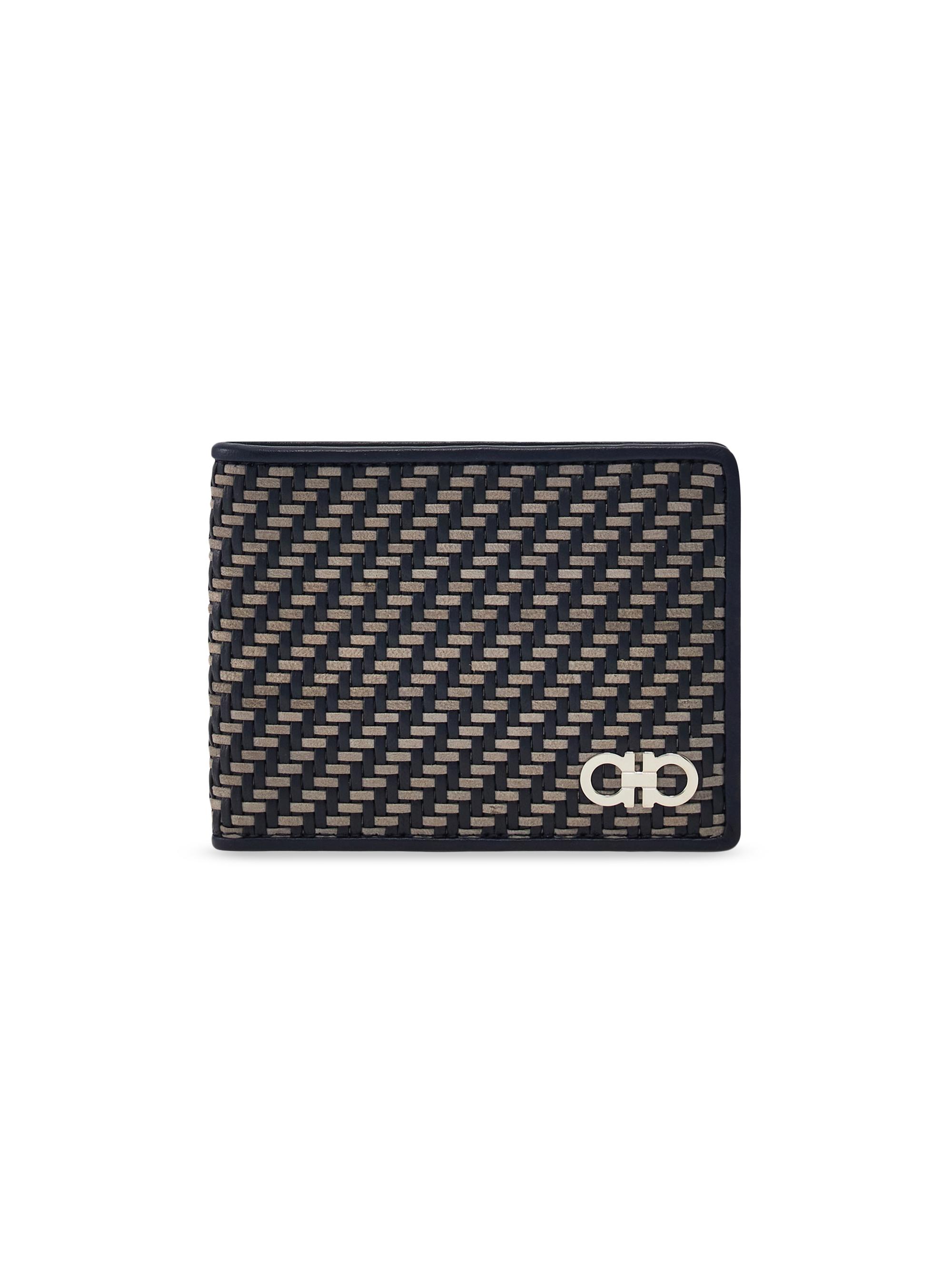 FERRAGAMO Men's Leather Woven Bifold Wallet - New Navy Dark Grey Nero - Men's Clothing
