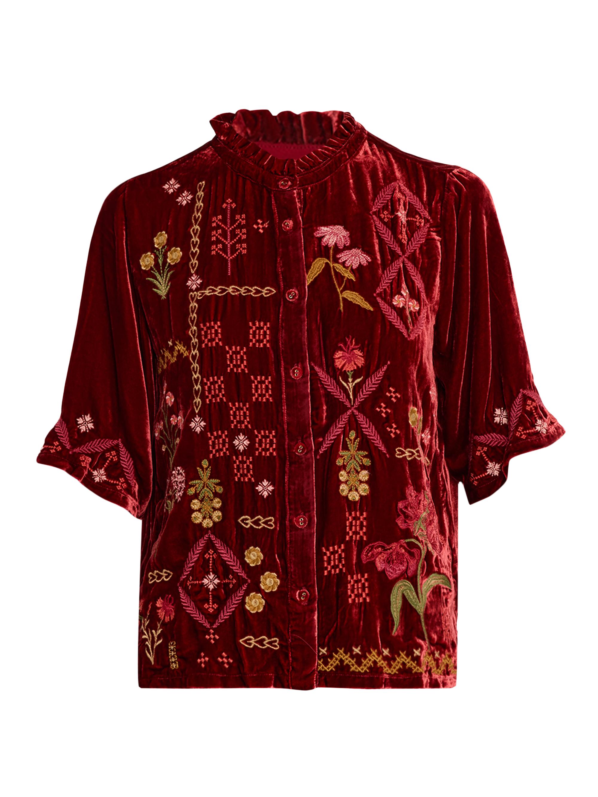 Johnny Was Women's Floral-Embroidered Velvet Shirt - Dark Pink