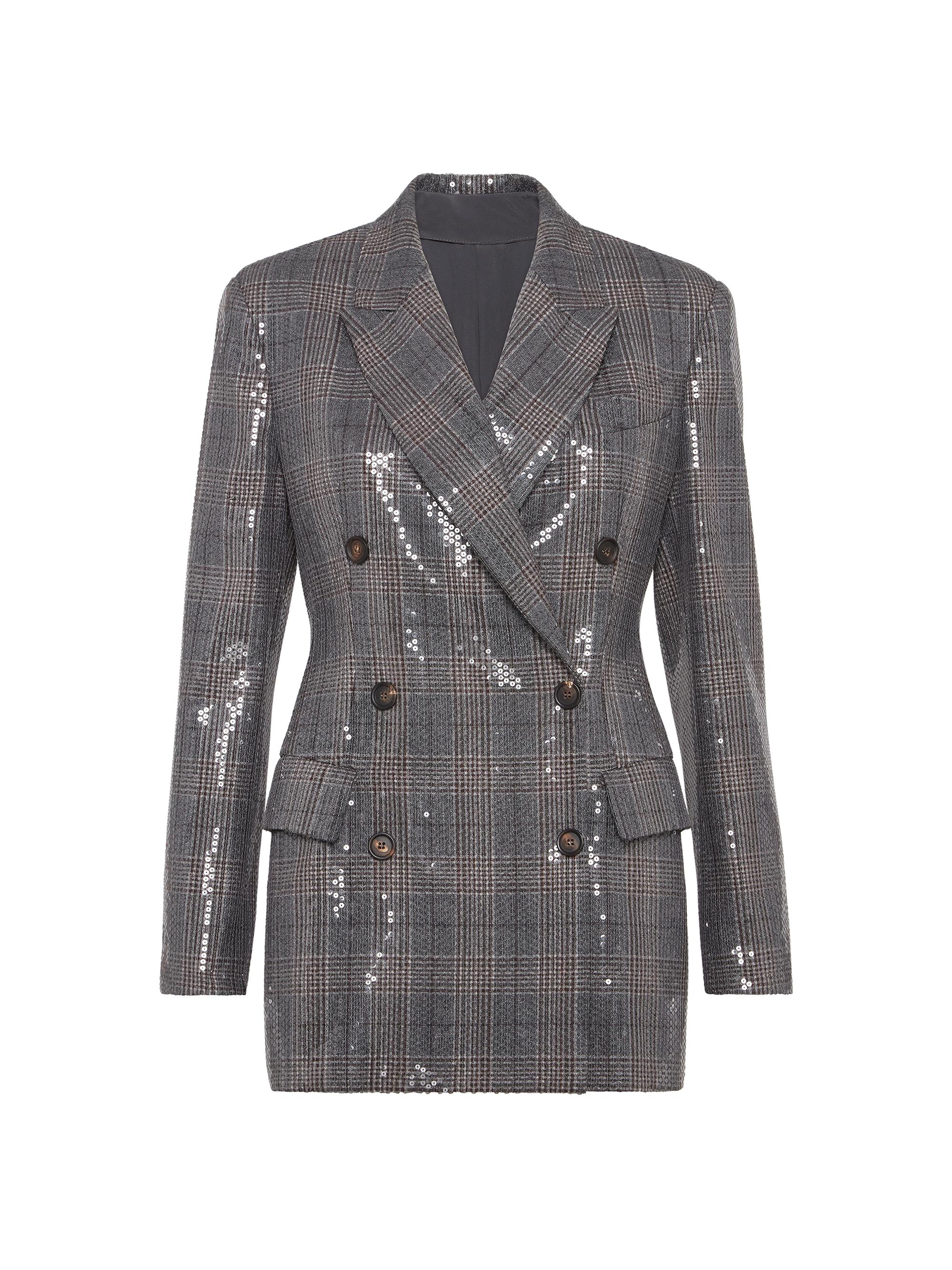 Brunello Cucinelli Women's Virgin Wool Prince of Wales Blazer with Dazzling Embroidery - Anthracite