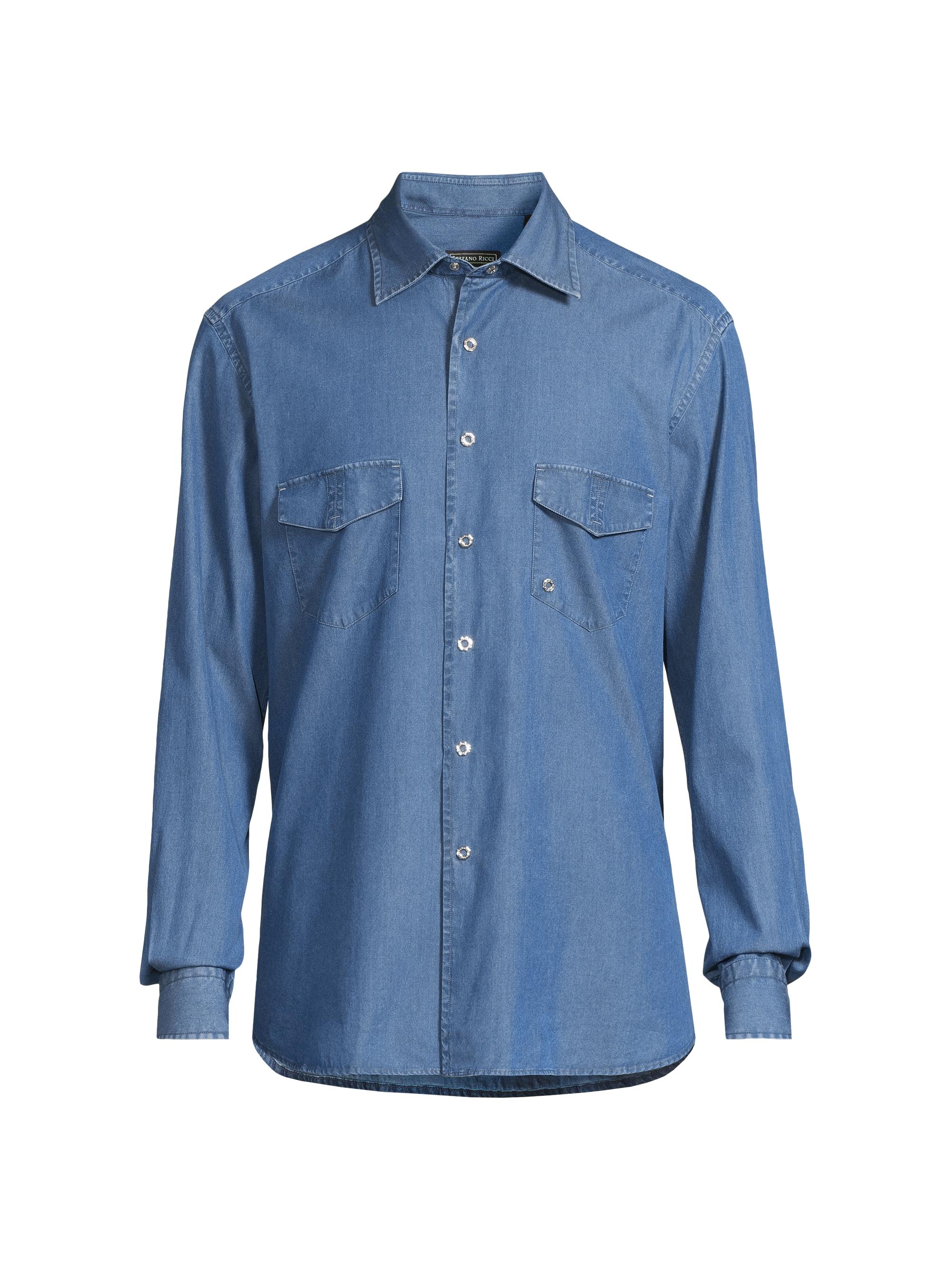 Stefano Ricci Men's Cotton Chambray Snap-Front Shirt - Light Wash Blue