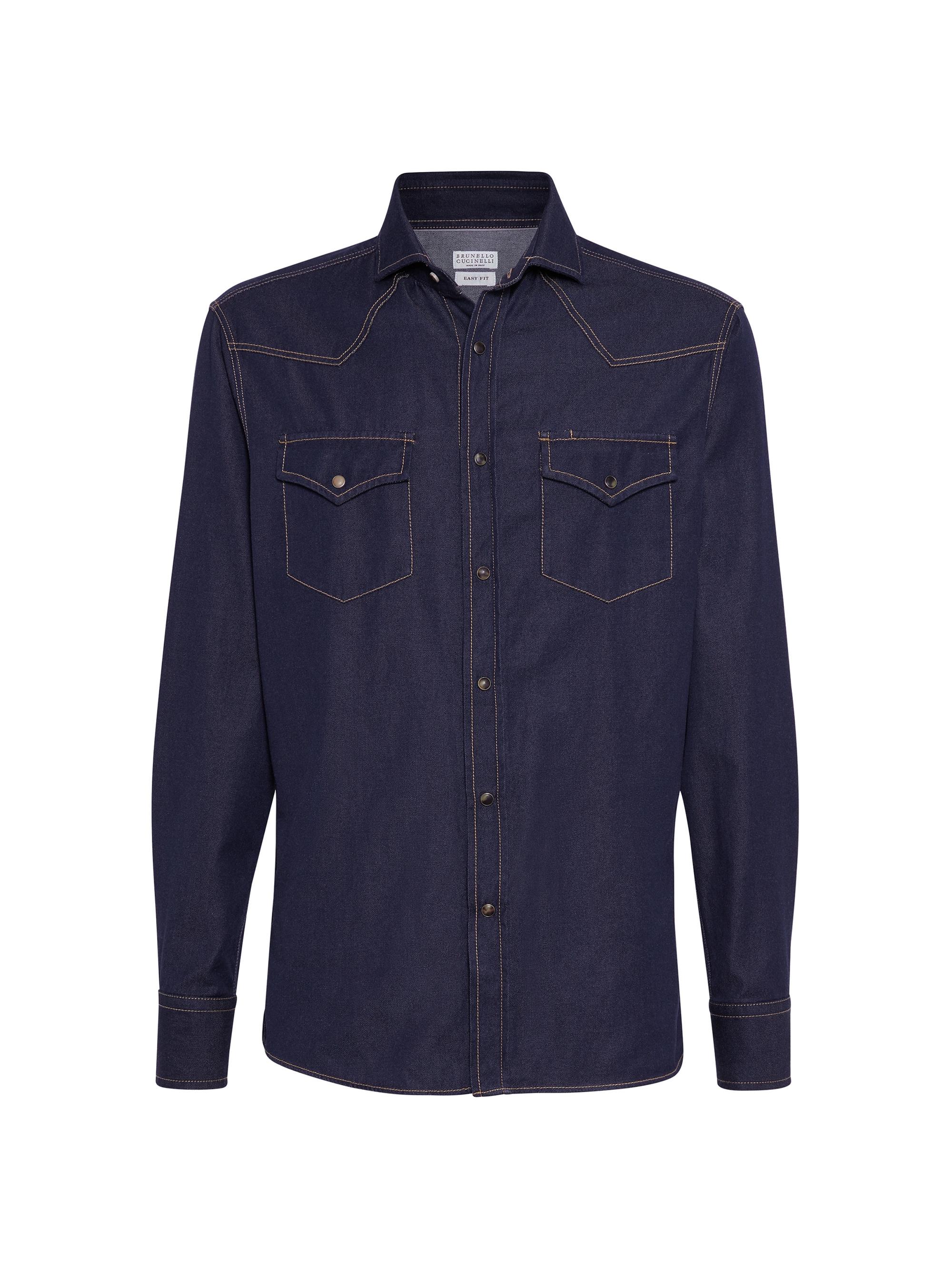 Brunello Cucinelli Men's No Fade Denim Easy Fit Western Shirt - Dark Denim