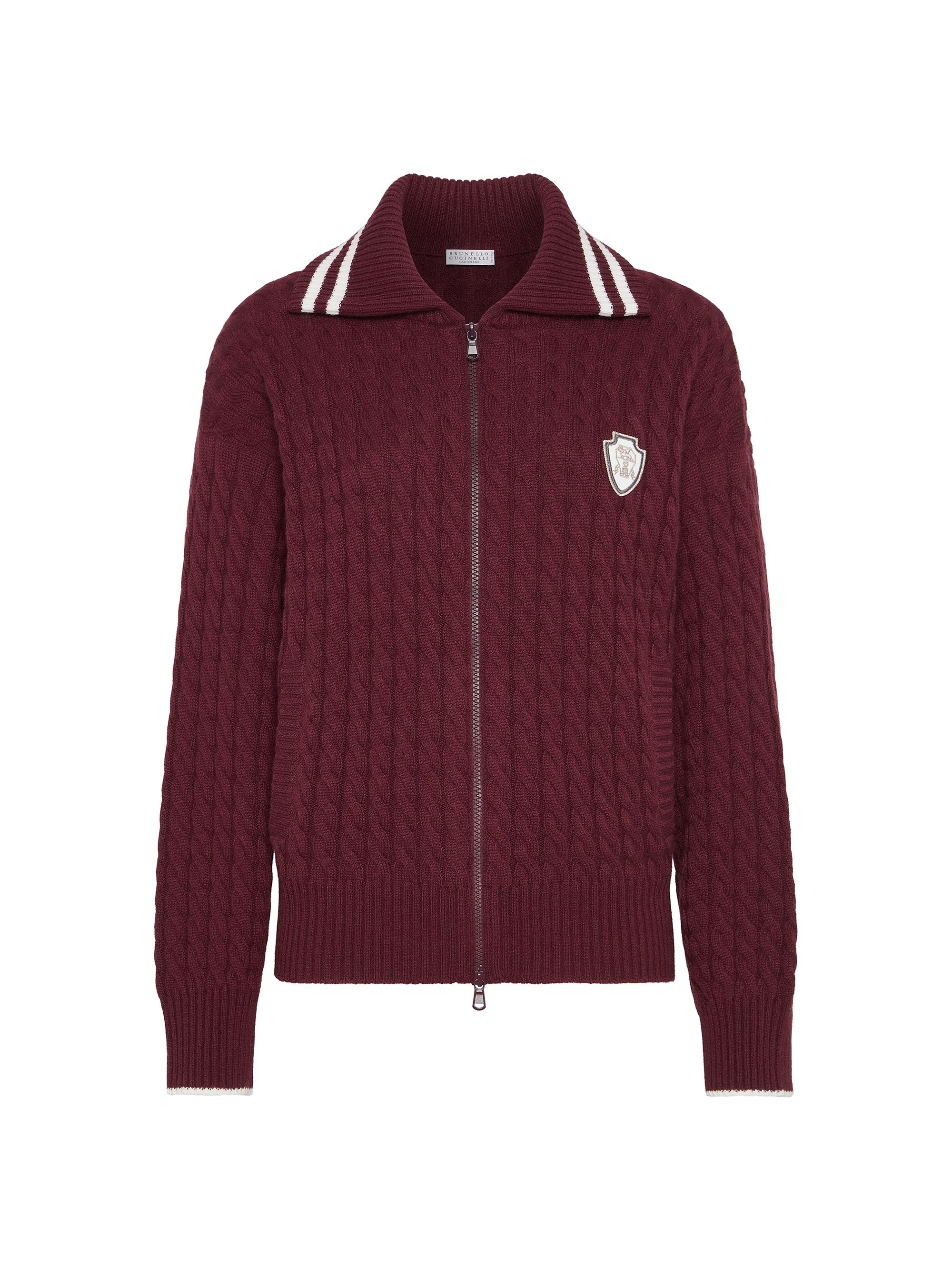 Brunello Cucinelli Women's Cashmere Cable Knit Cardigan with Logo - Amaranth Red