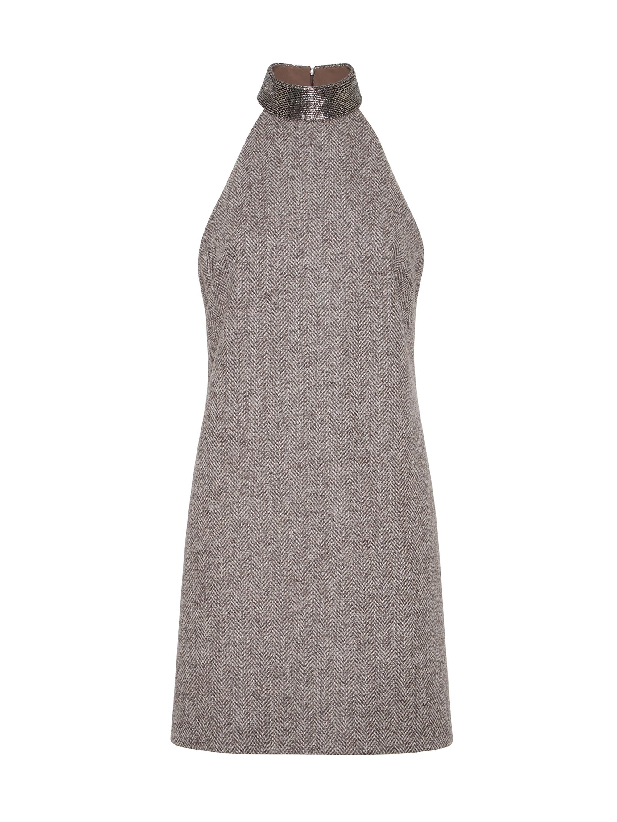 Brunello Cucinelli Women's Virgin Wool Tweed Dress with Precious Beaded Collar - Light Brown