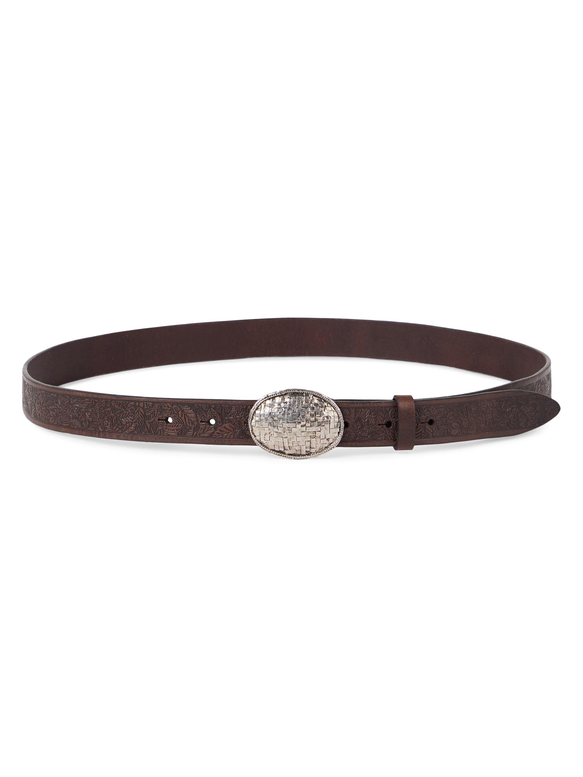 Brunello Cucinelli Men's Leaf Motif Calfskin Belt with Braided Metal Buckle - Ebony