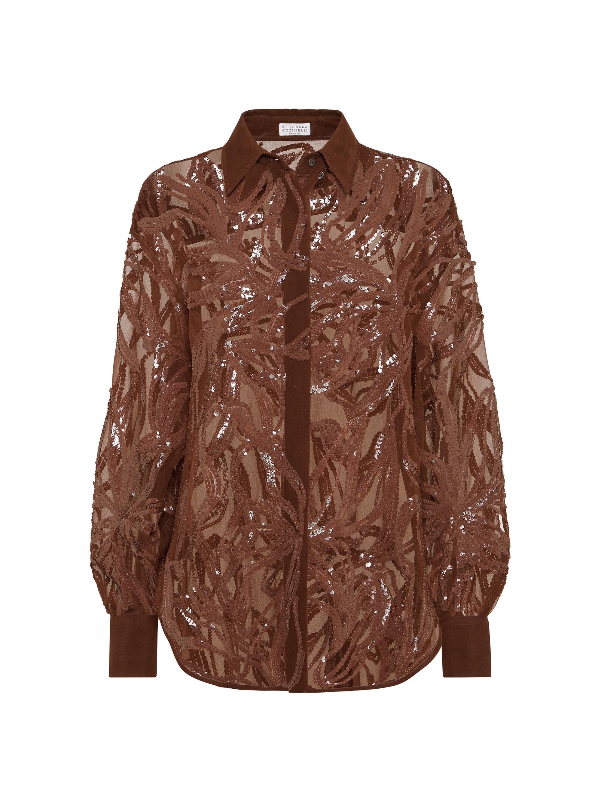 Brunello Cucinelli Women's Crispy Silk Shirt with Dazzling Floral Embroidery - Brown