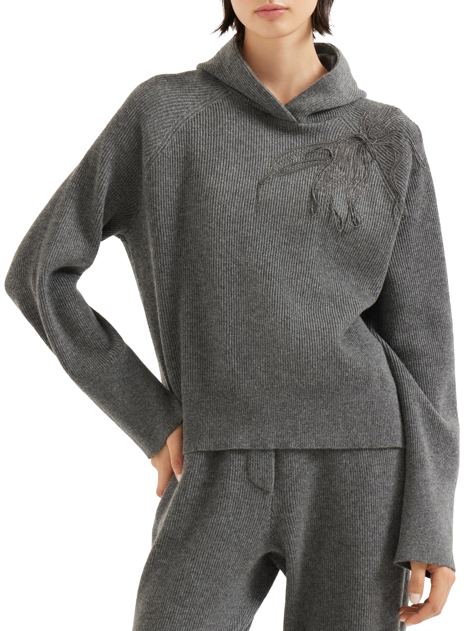 Brunello Cucinelli Cashmere English Rib Hooded Sweater with Shiny
