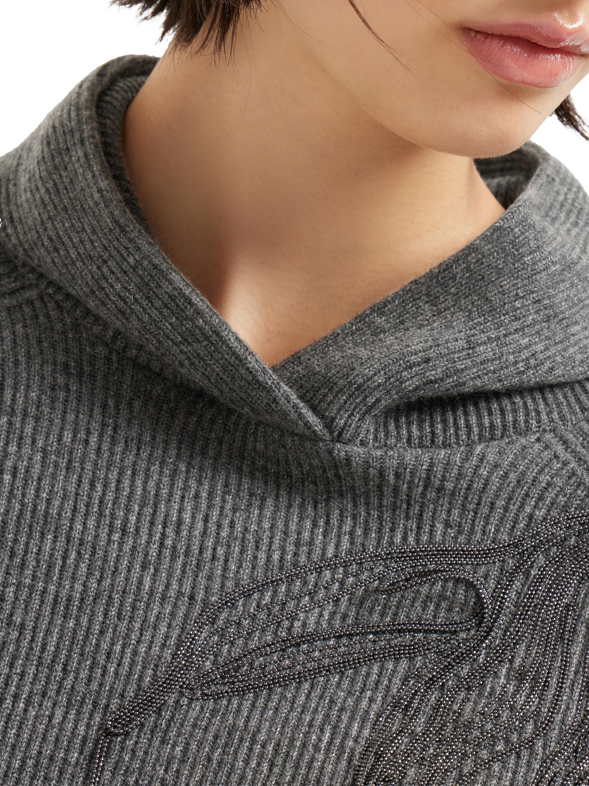 Brunello Cucinelli Cashmere English Rib Hooded Sweater with Shiny