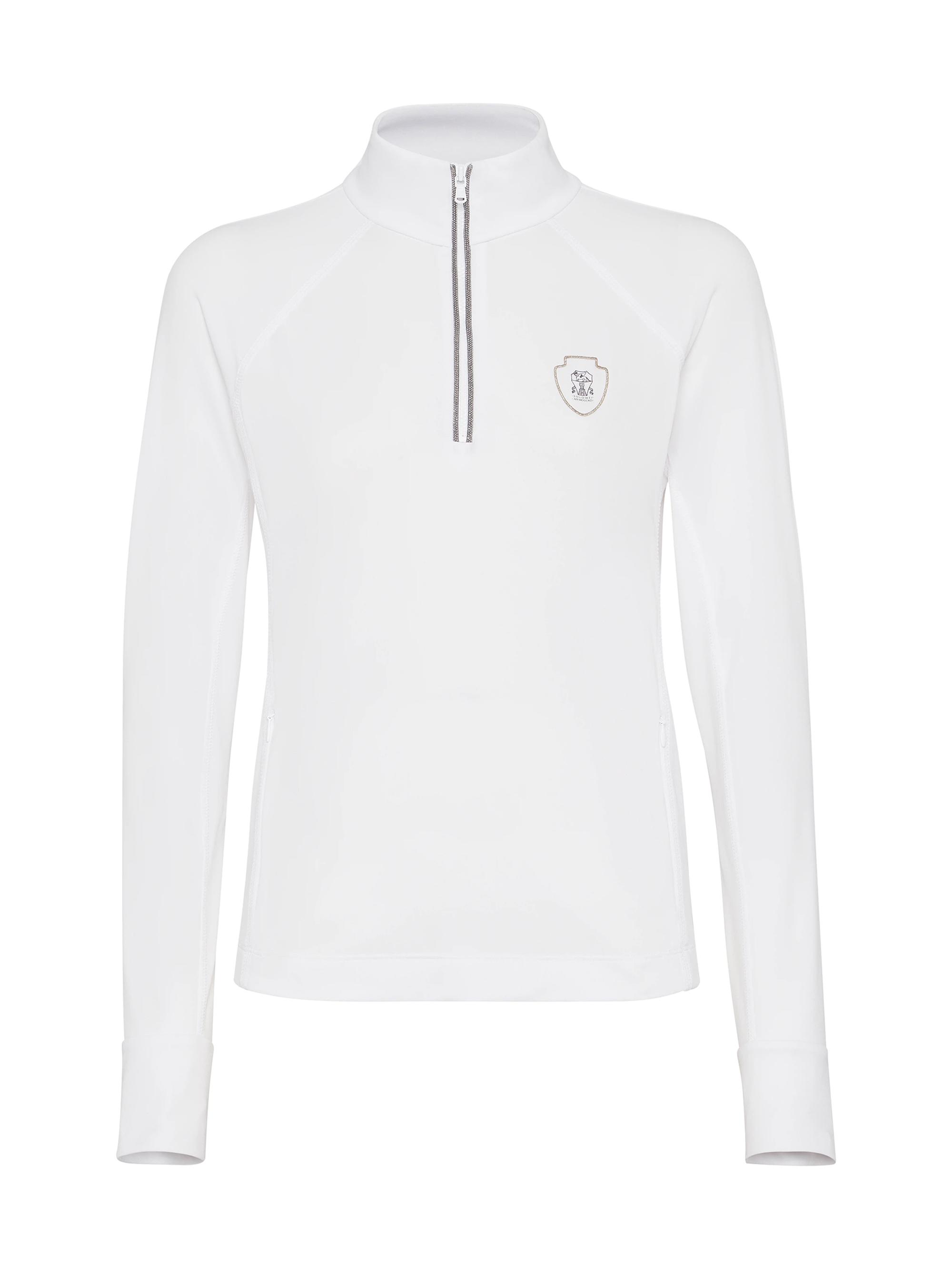 Brunello Cucinelli Women's Techno Pique Sweatshirt with Logo and Precious Half Zip - White