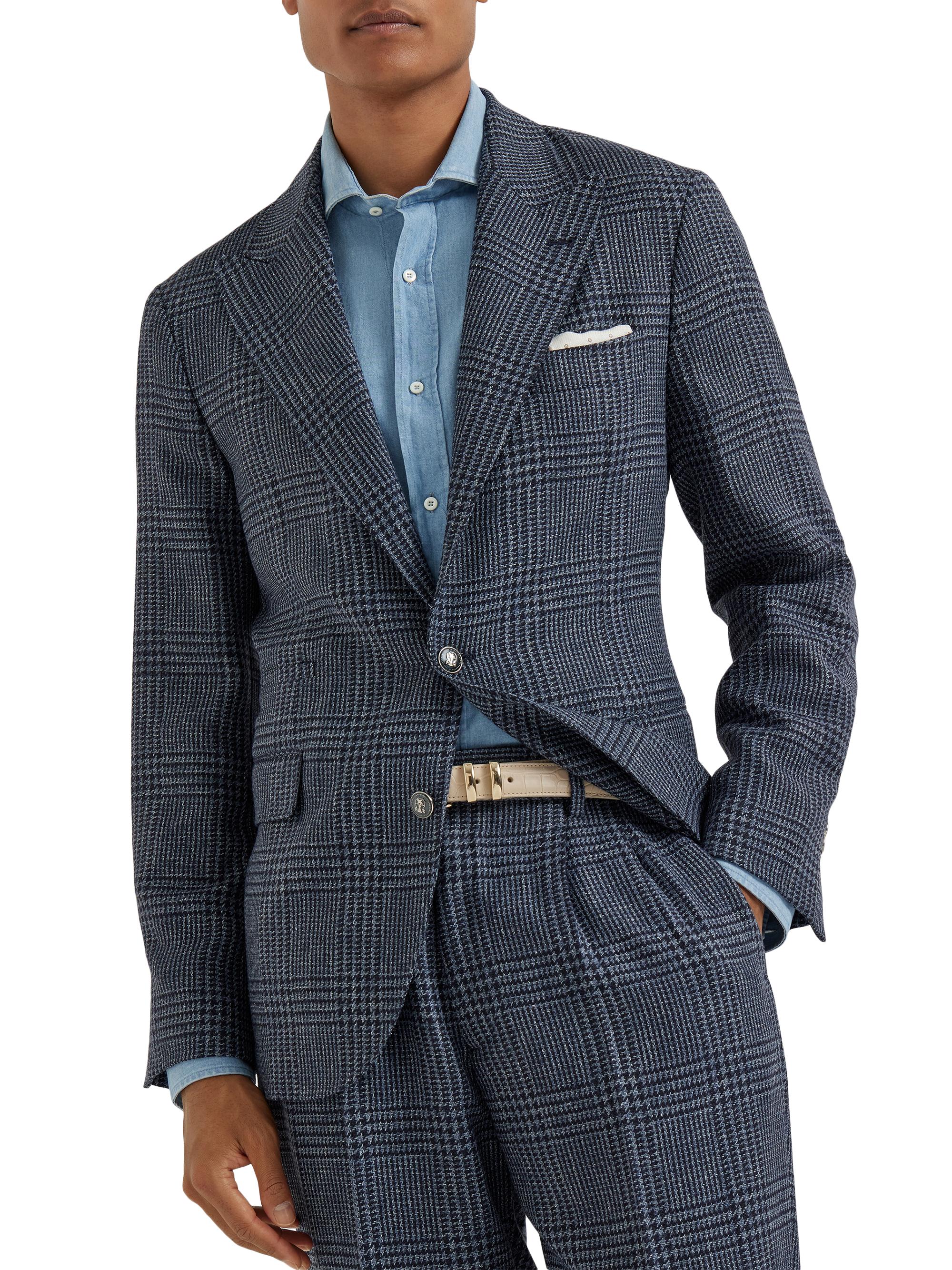 Brunello Cucinelli Men's Prince of Wales Deconstructed Blazer with Large Peak Lapels - Denim