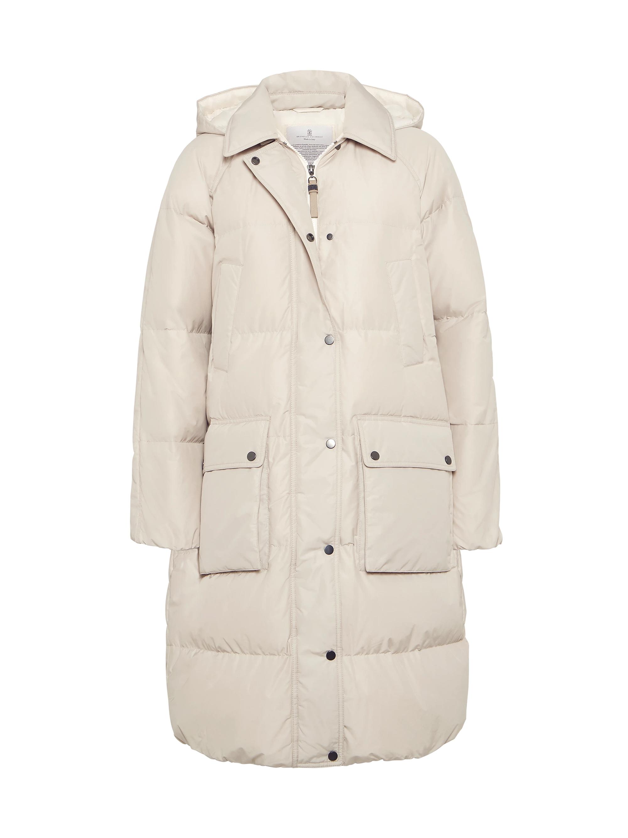 Brunello Cucinelli Women's Techno Cotton Water Resistant Taffeta Down Jacket with Detachable Hood and Shiny Zipper Pull - Light Grey