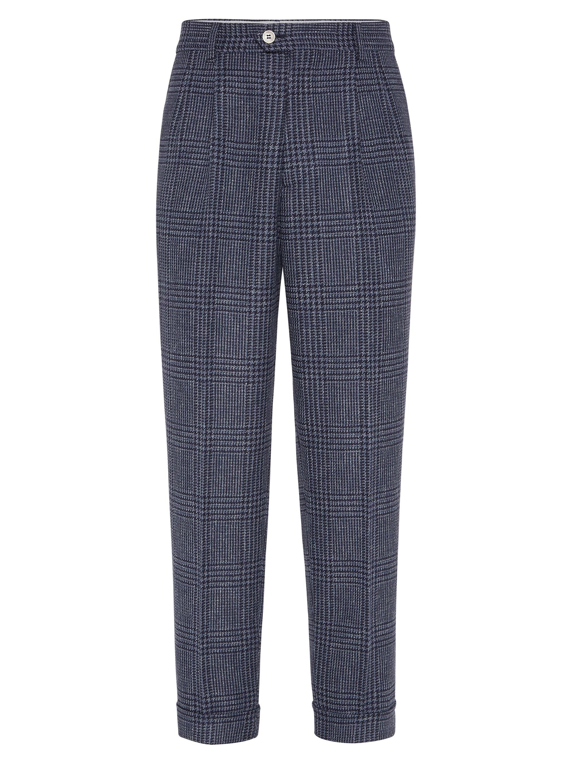 Brunello Cucinelli Men's Prince Of Wales Leisure Fit Trousers with Double Pleats - Denim