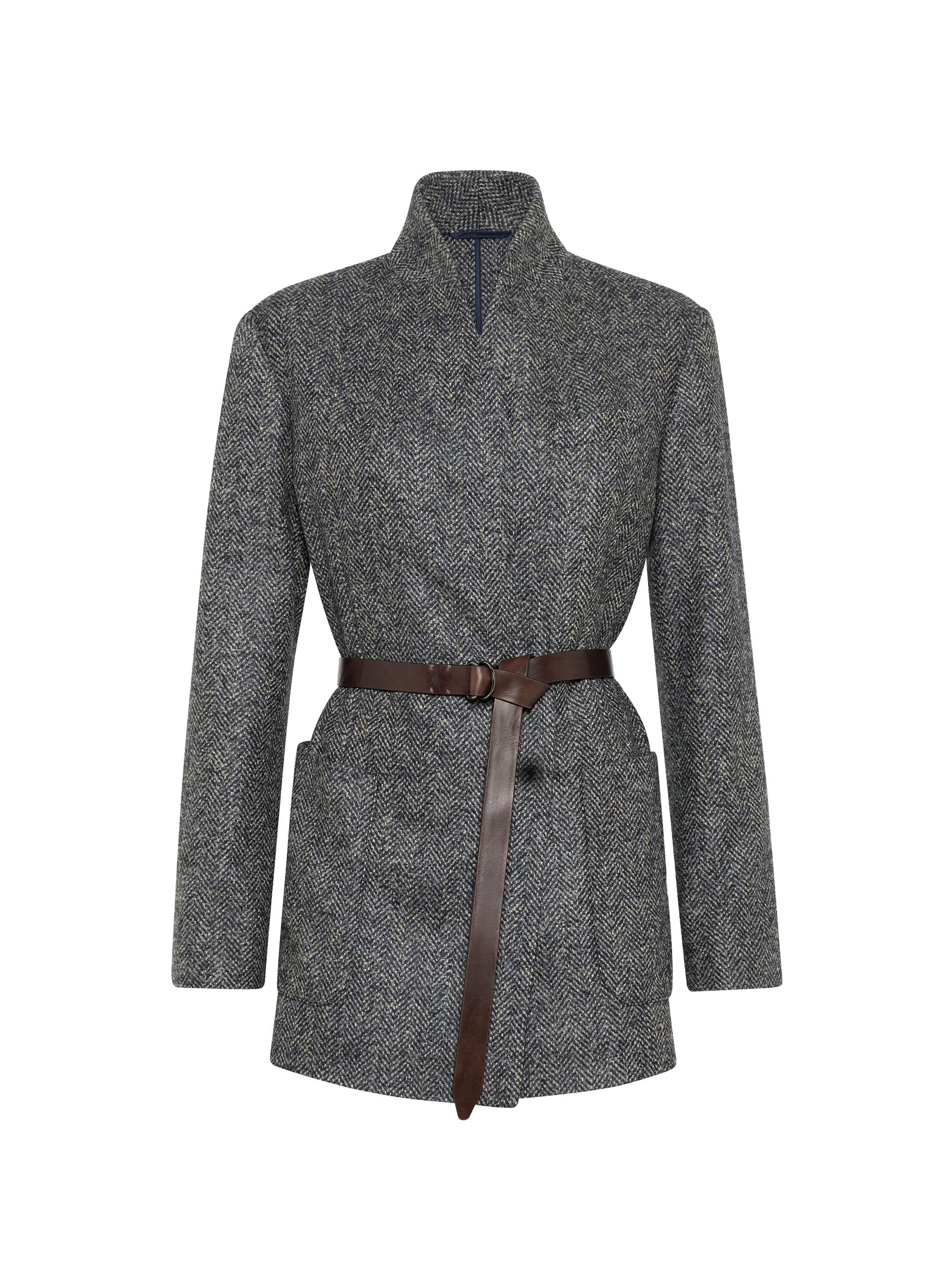 Brunello Cucinelli Women's Virgin Wool Herringbone Tweed Blazer with Monili and Belt - Blue