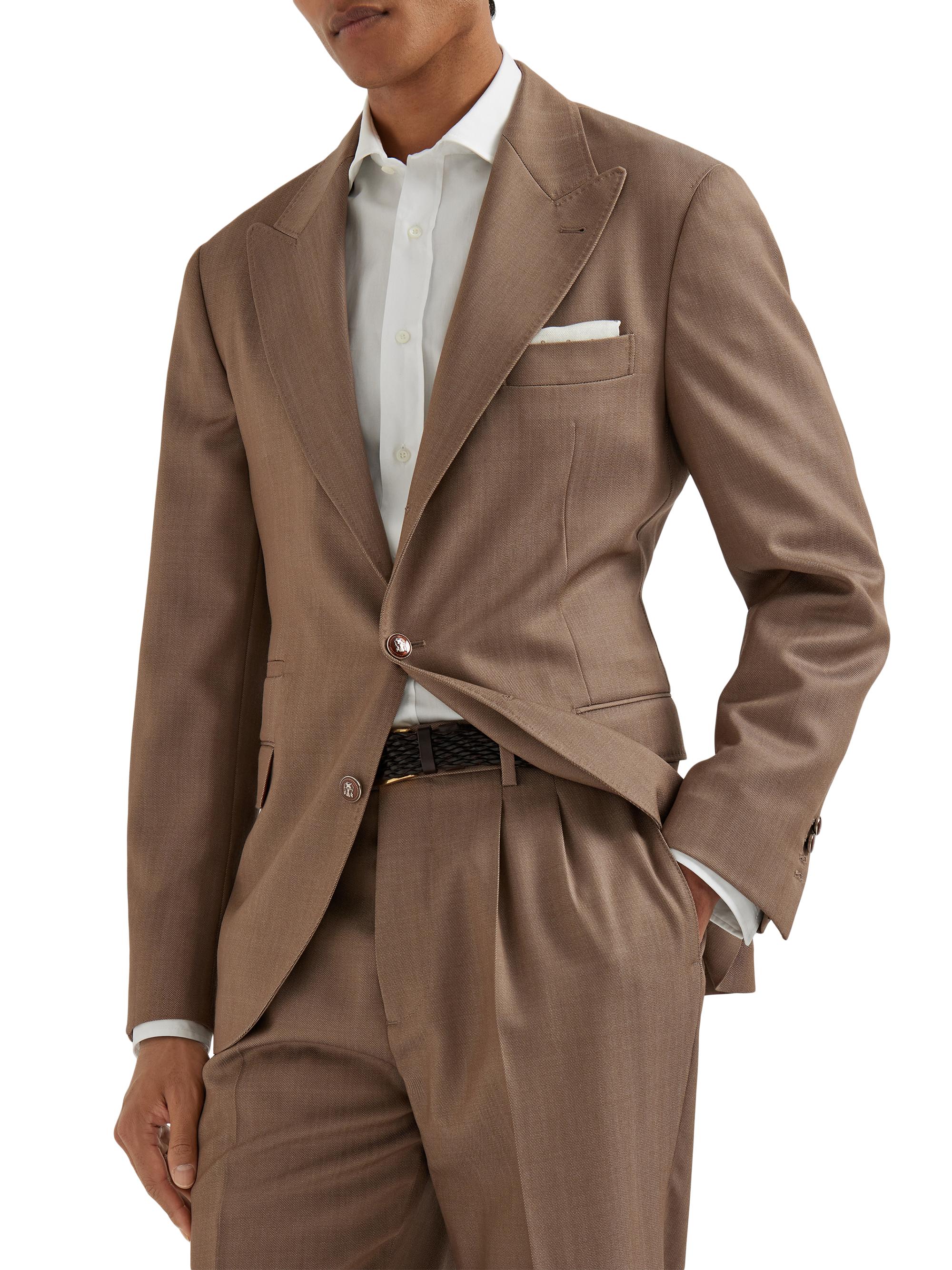 Brunello Cucinelli Men's Wool Denim Deconstructed Blazer with Large Peak Lapels - Bark