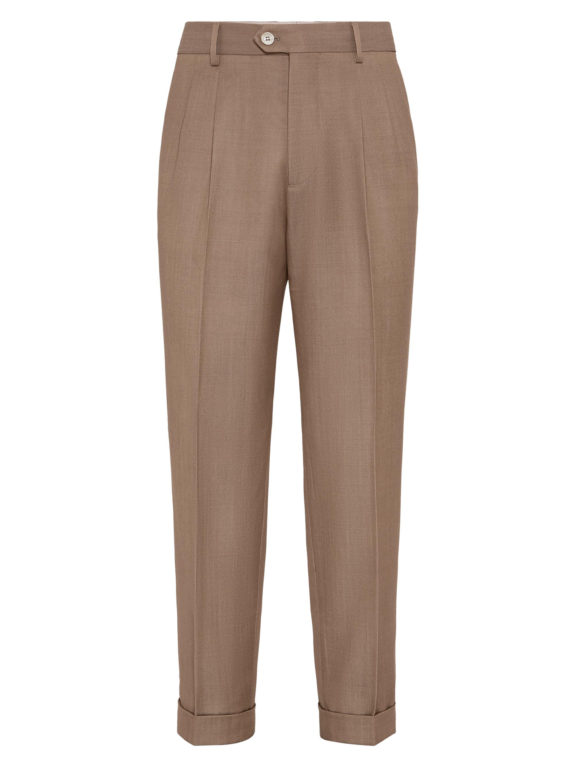 Brunello Cucinelli Men's Wool Denim Leisure Fit Trousers with Double Pleats - Bark