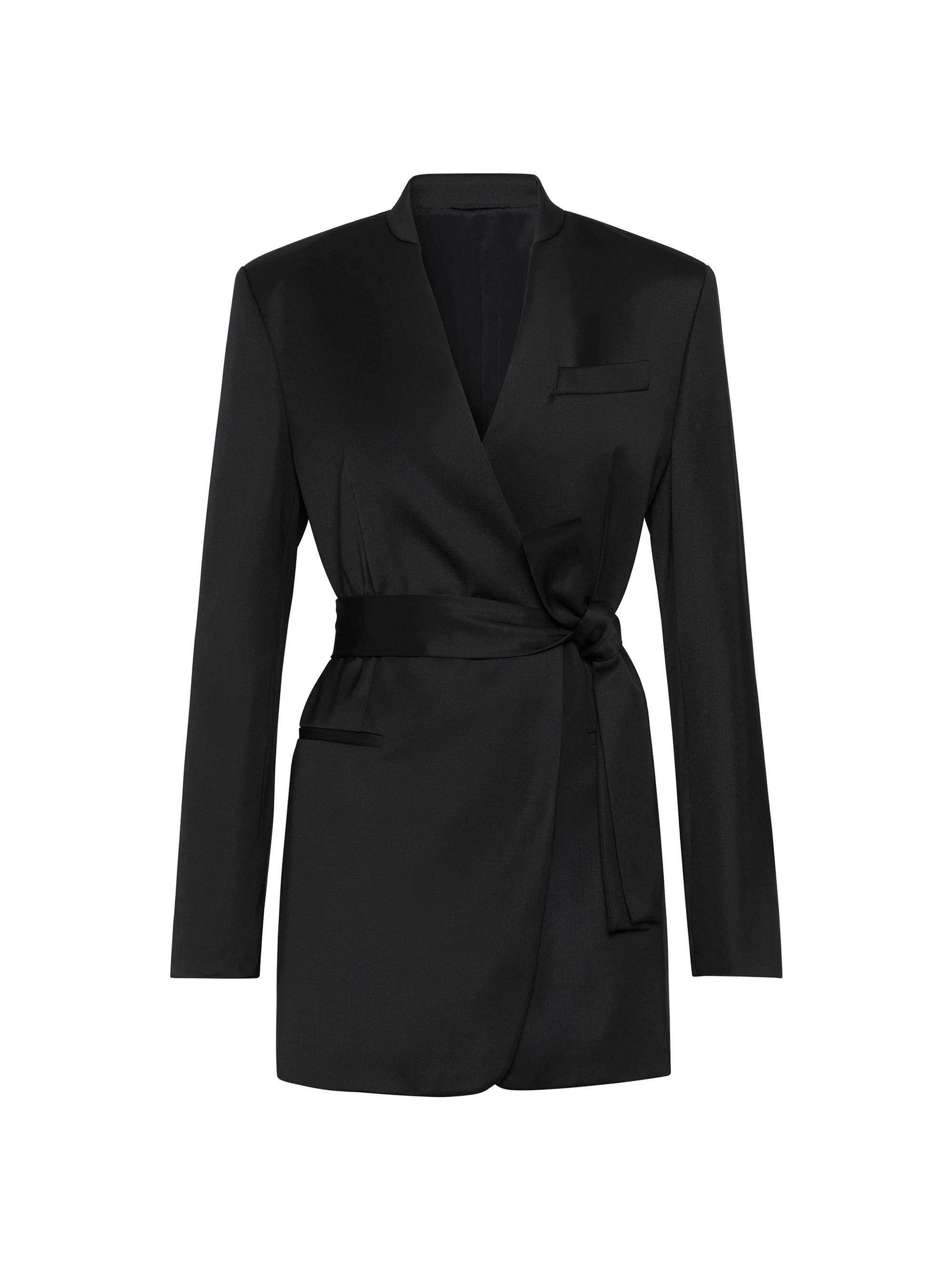 Brunello Cucinelli Women's Virgin Wool Stretch Satin Belted Blazer with Monili - Black