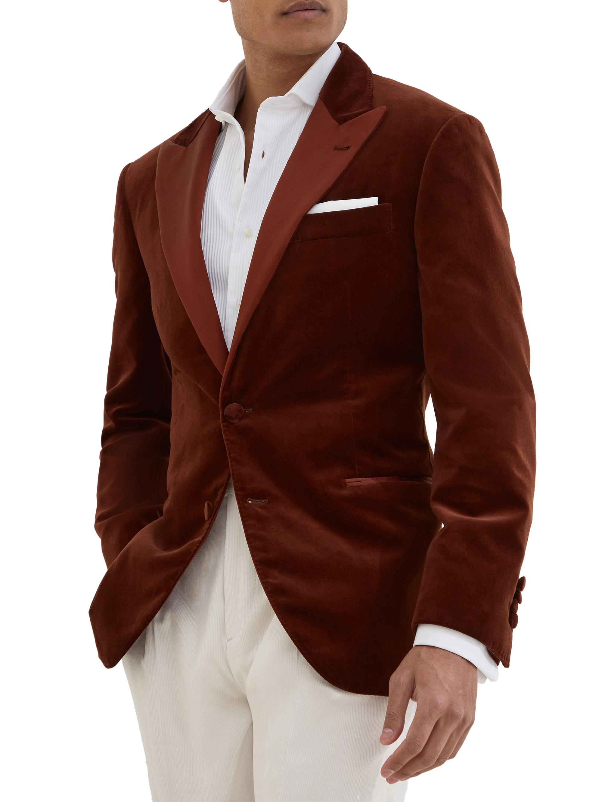Brunello Cucinelli Men's Cotton and Silk Velvet Tuxedo Jacket with Peak Lapels - Brown