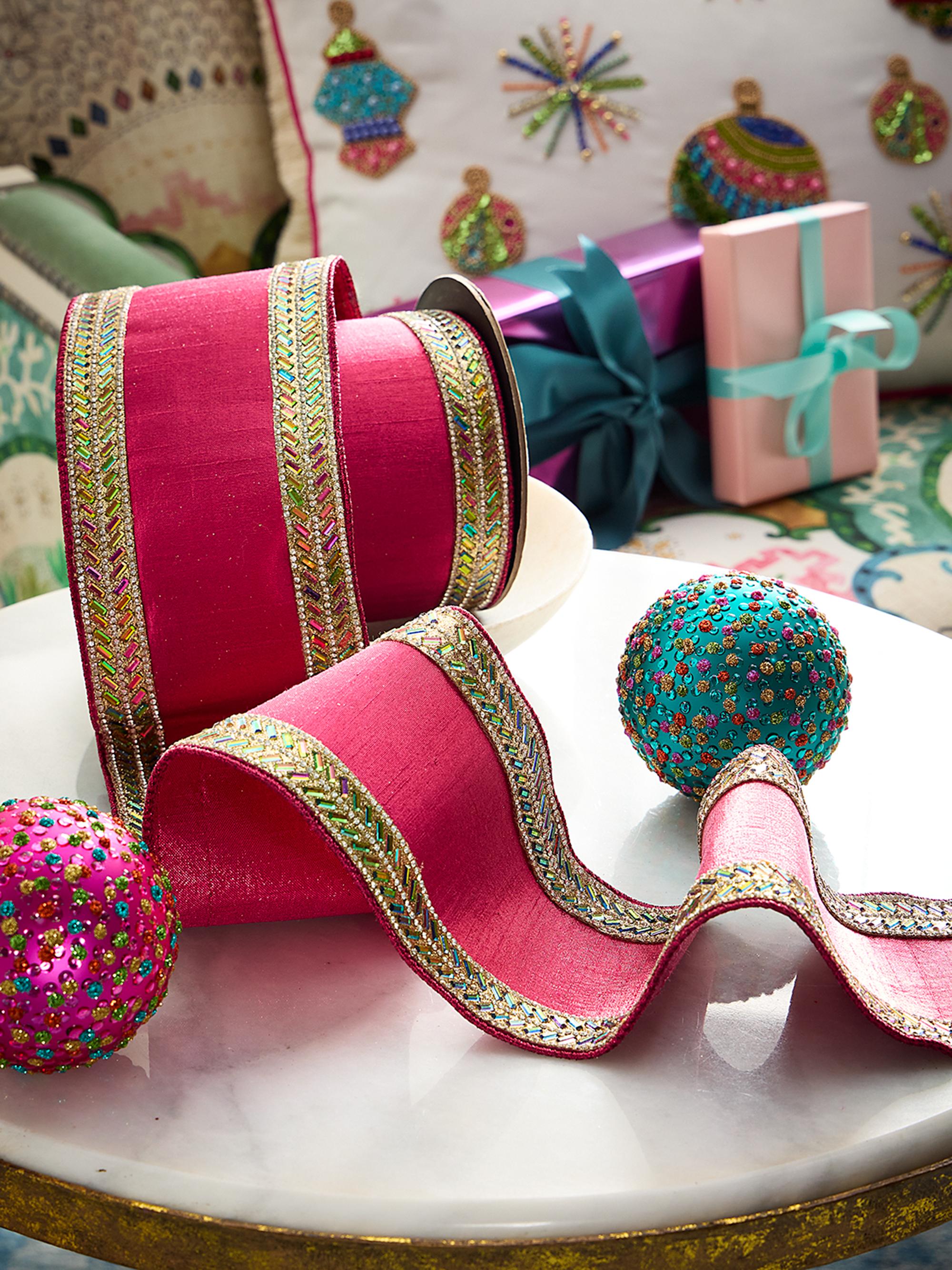 D. Stevens Metallic Dupioni Herringbone Jewel-Trim Ribbon