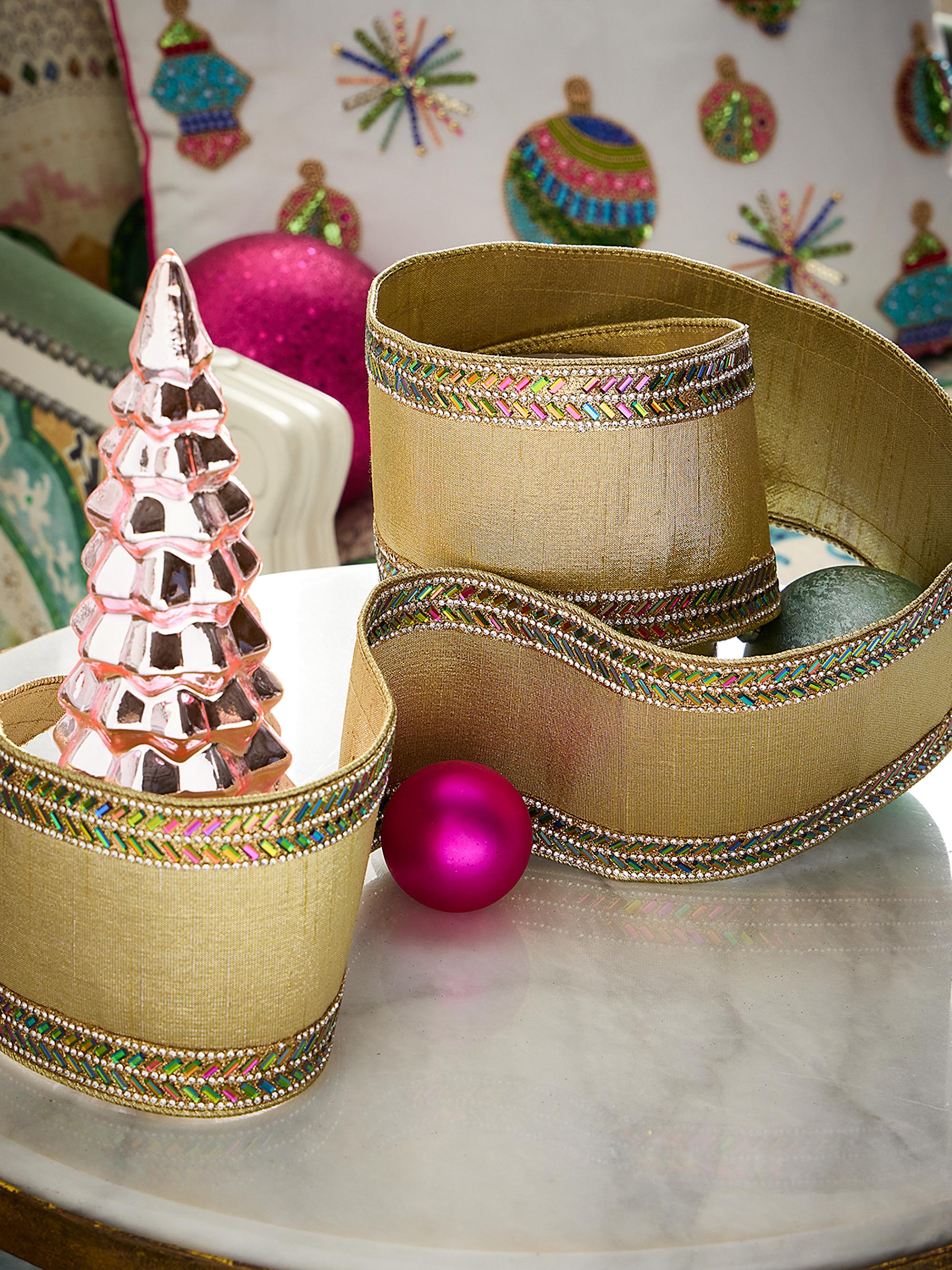 D. Stevens Iris Herringbone Rhinestone Metallic Dupion Ribbon