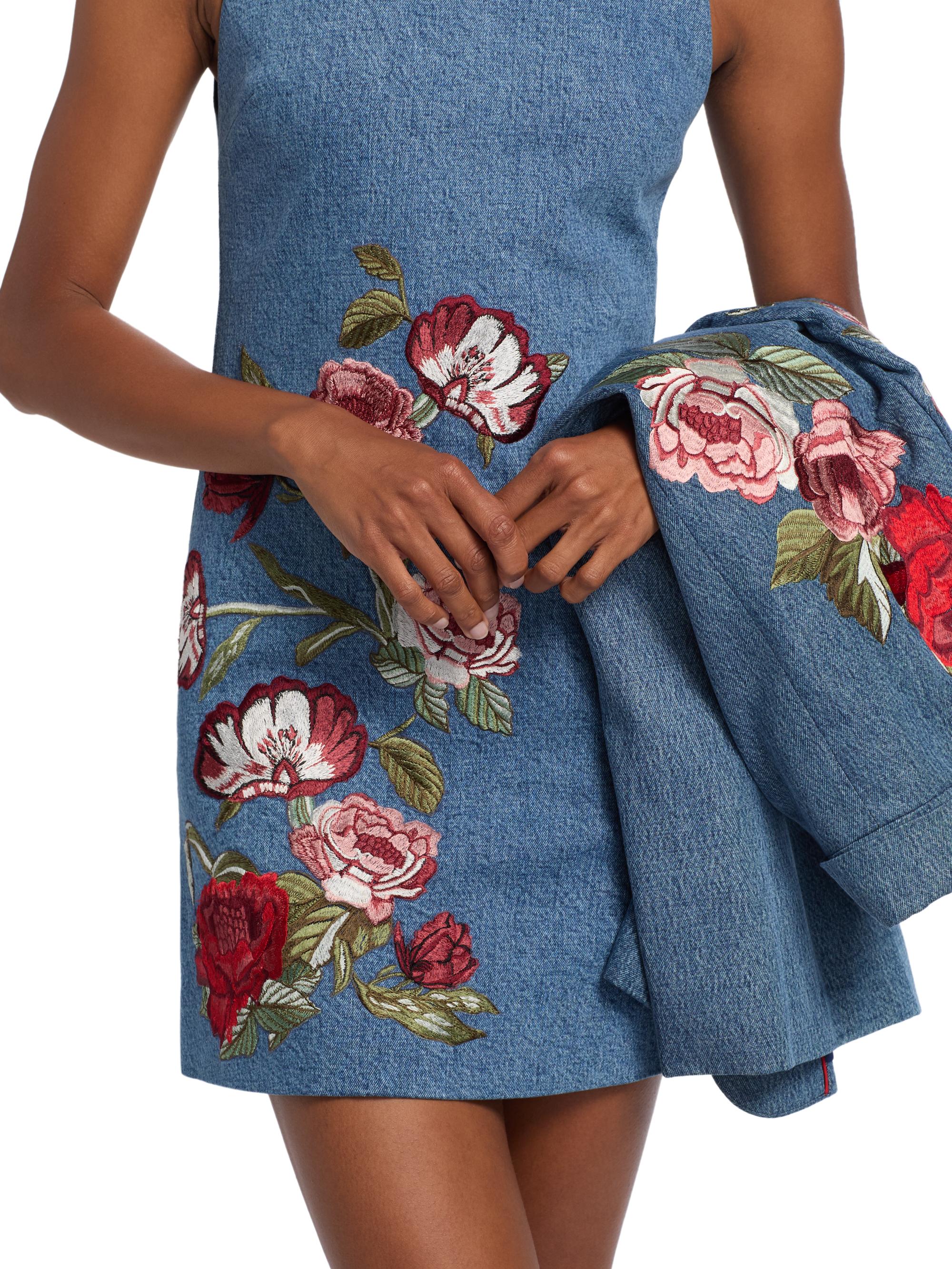 ALICE + OLIVIA Cade Denim Floral Embroidered Minidress | Saks Fifth Avenue