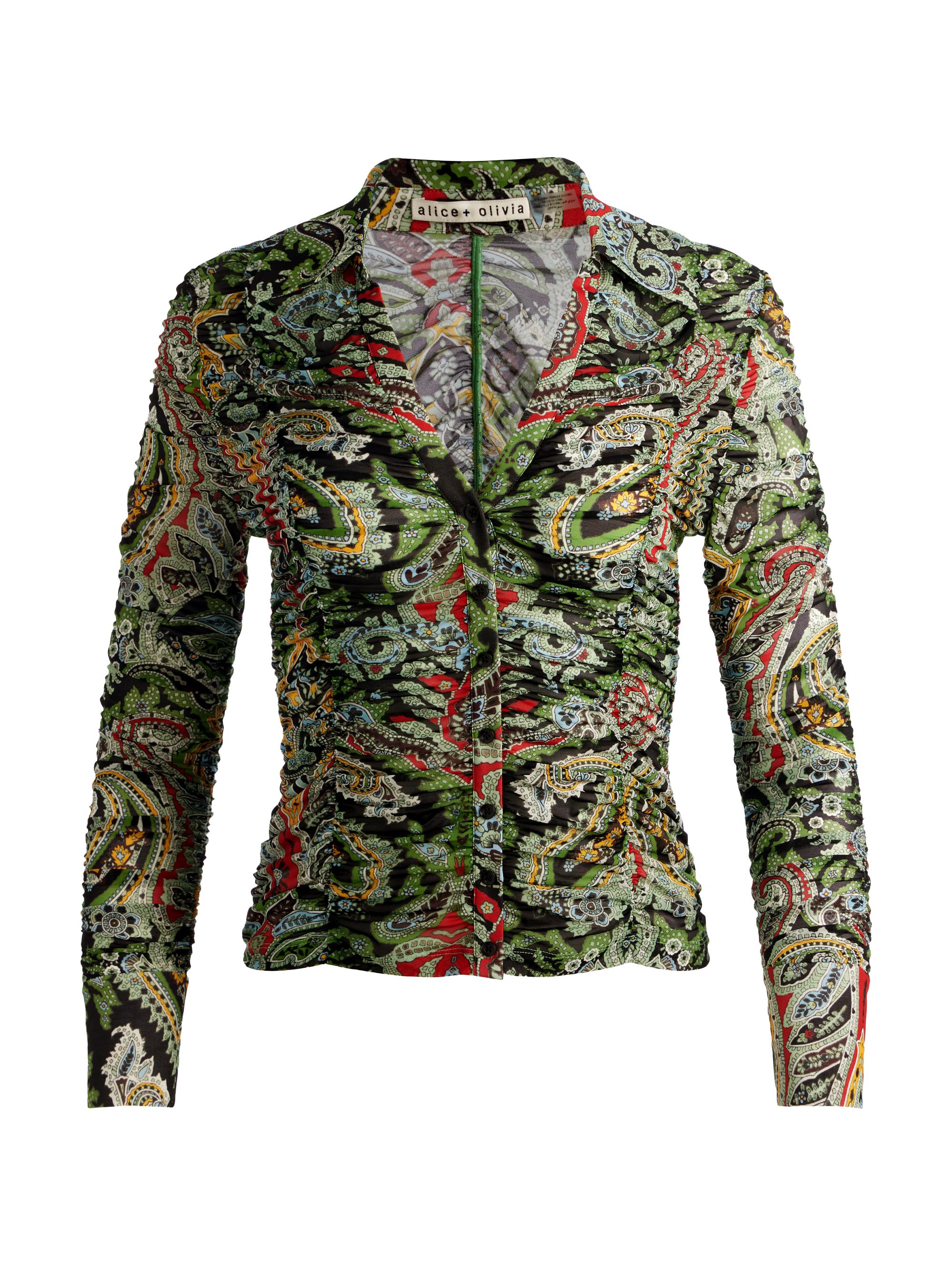 Alice + Olivia Women's Portia Ruched Mesh Button-Front Shirt - Paisley Poem