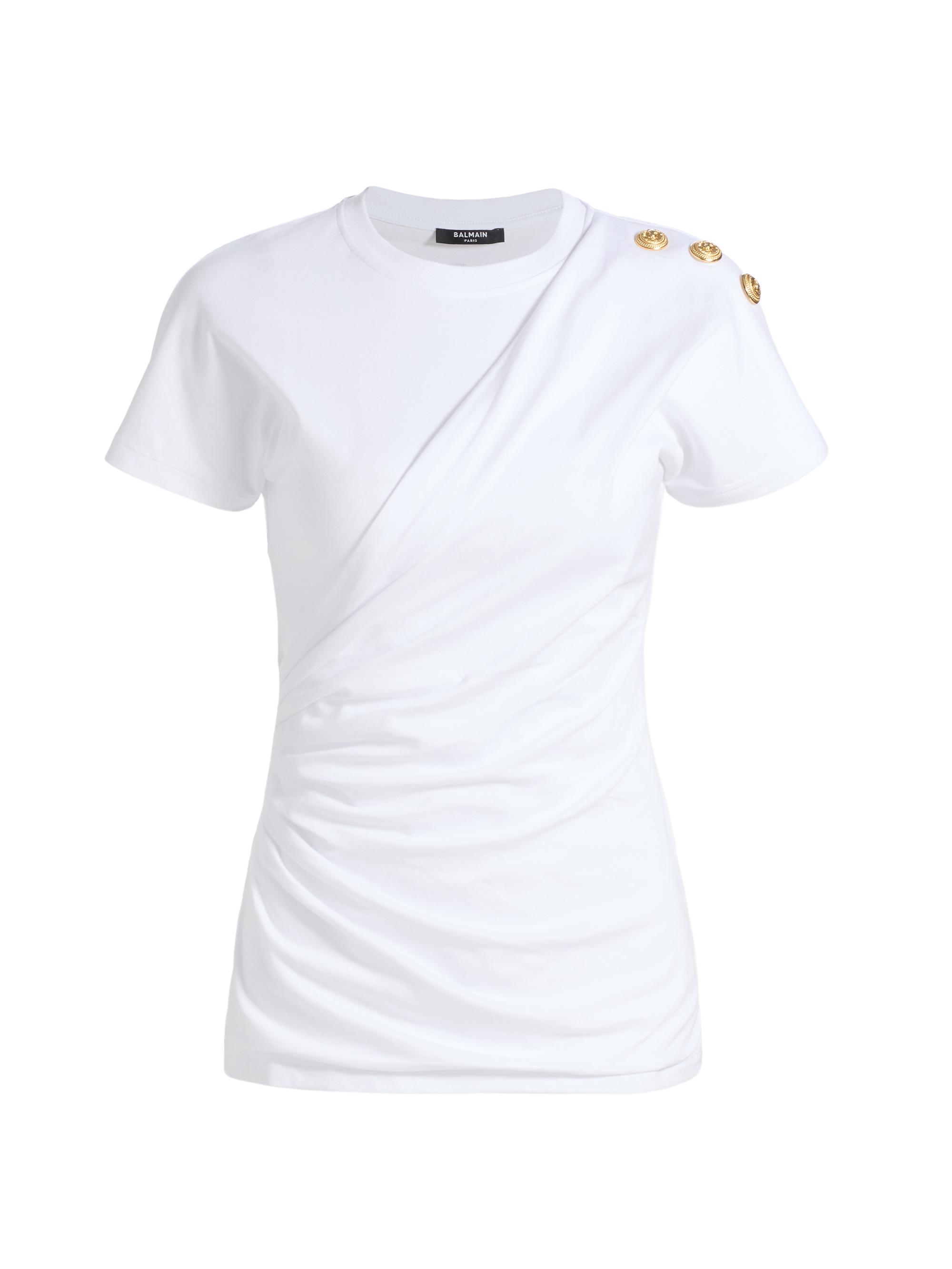 Balmain Women's Three-Button Ruched Logo Cotton Jersey T-Shirt - Blanc Noir