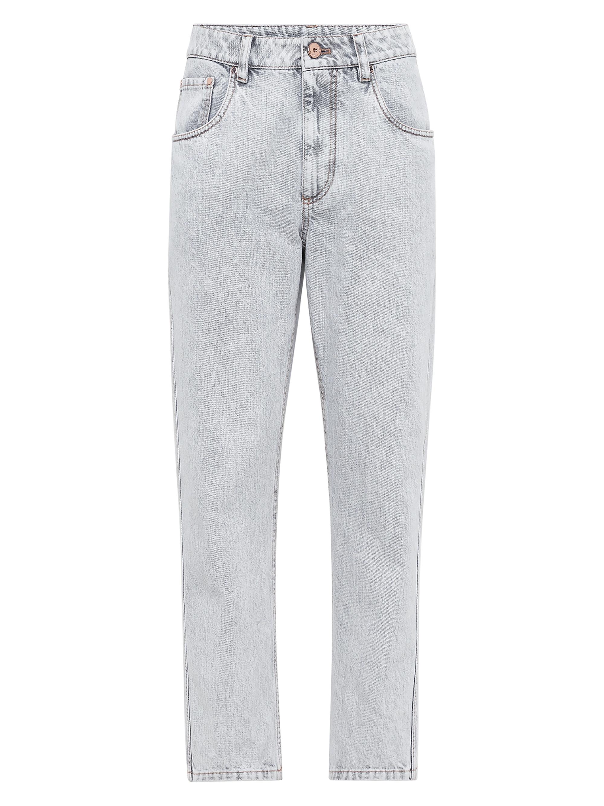 Brunello Cucinelli Women's Authentic Denim Straight Trousers with Shiny Bartack - Grey