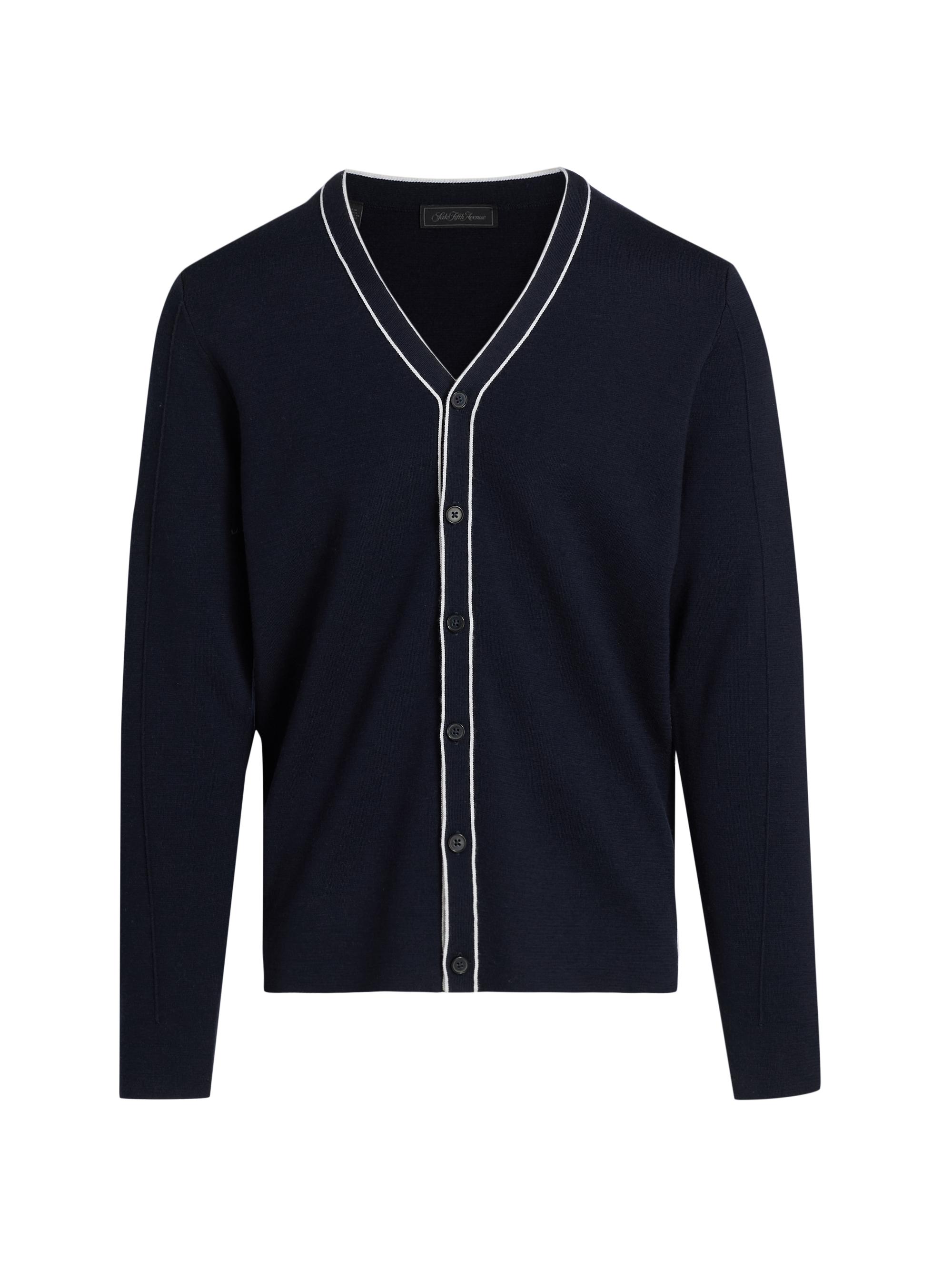 Saks Fifth Avenue Men's COLLECTION Tipped Wool Long-Sleeve Cardigan - Navy