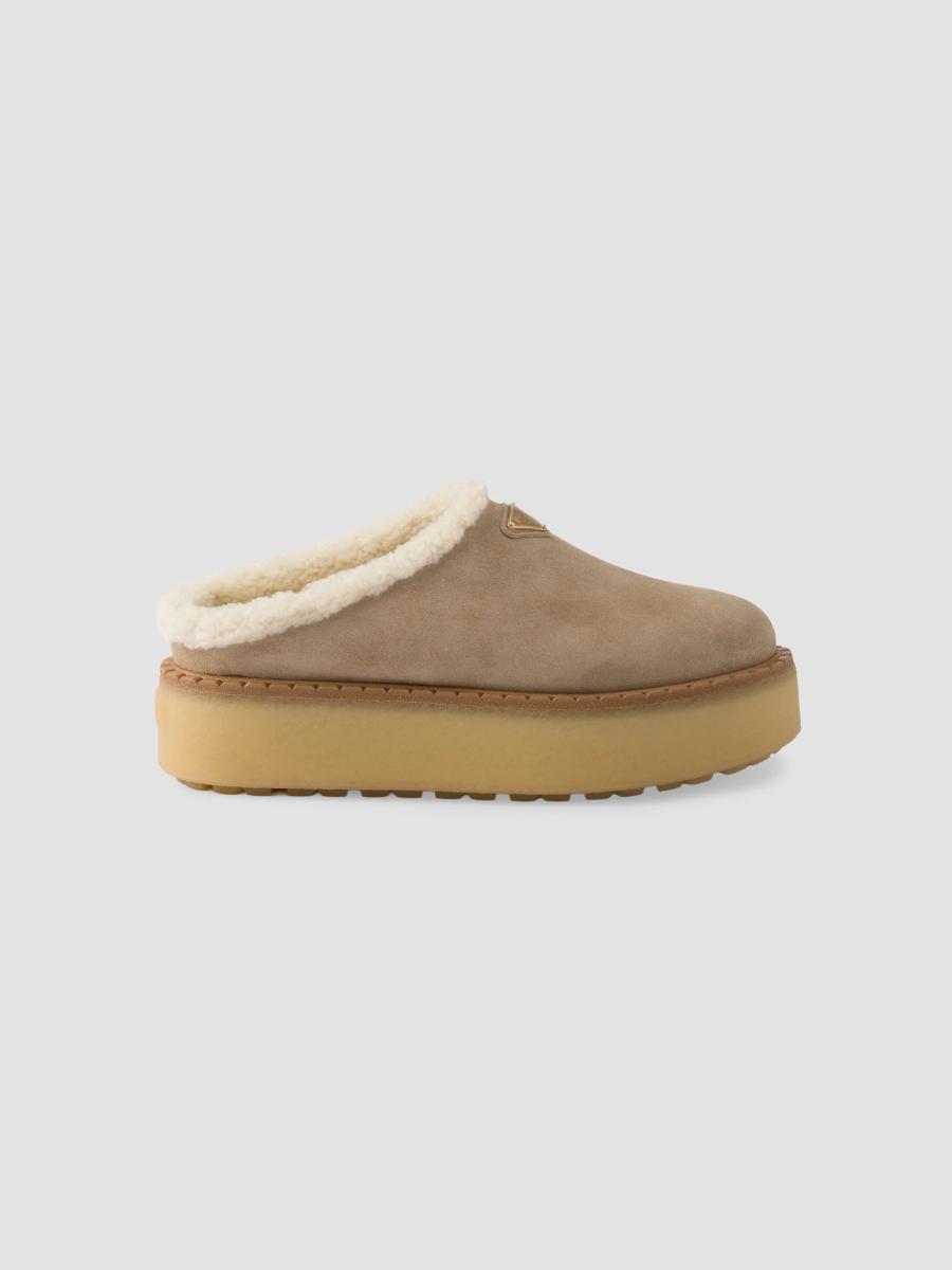 Prada Women's Suede Slippers In Beige Khaki