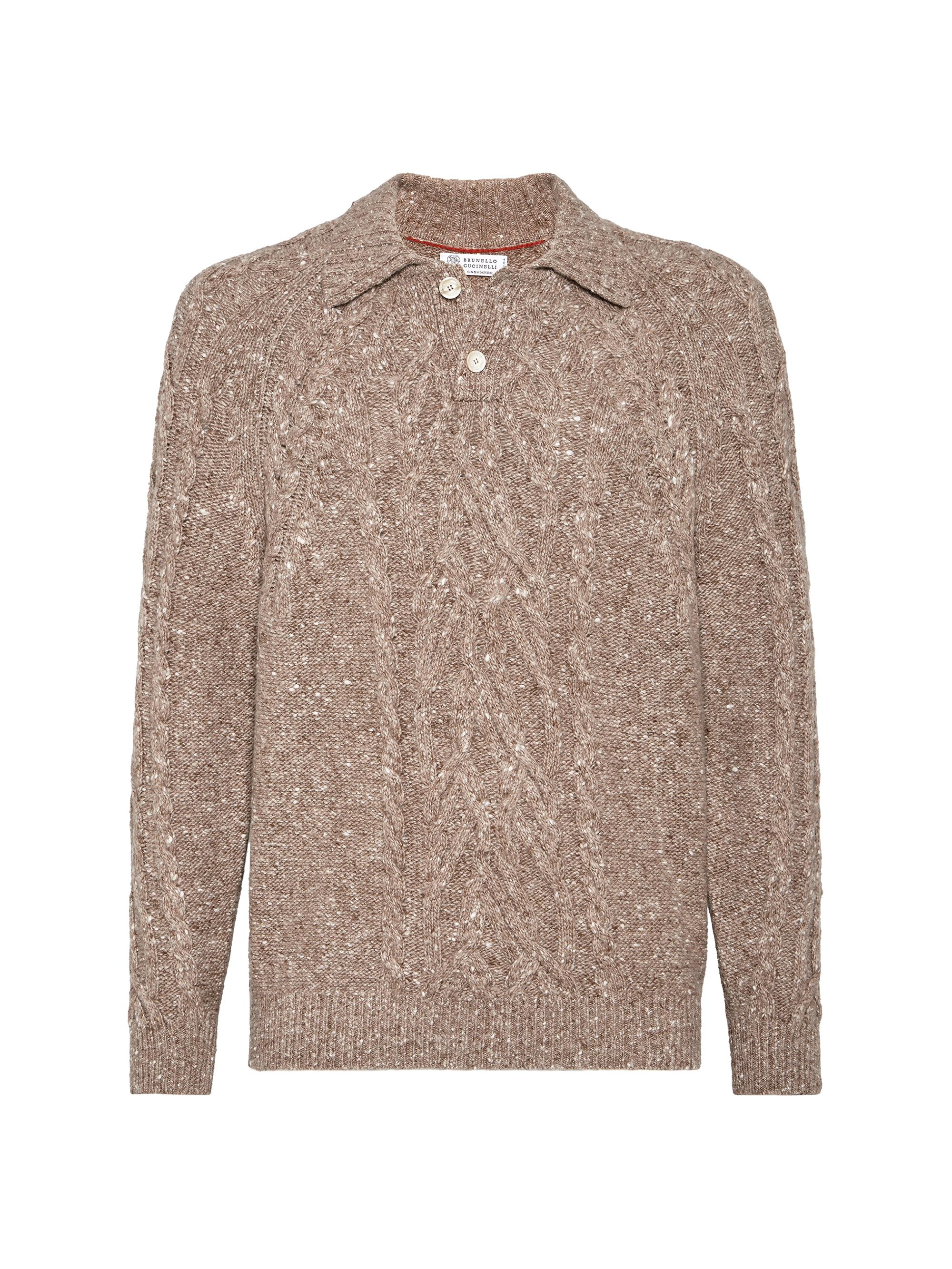 Brunello Cucinelli Men's Flecked Cashmere Wide Cable Knit Polo Shirt - Hazelnut