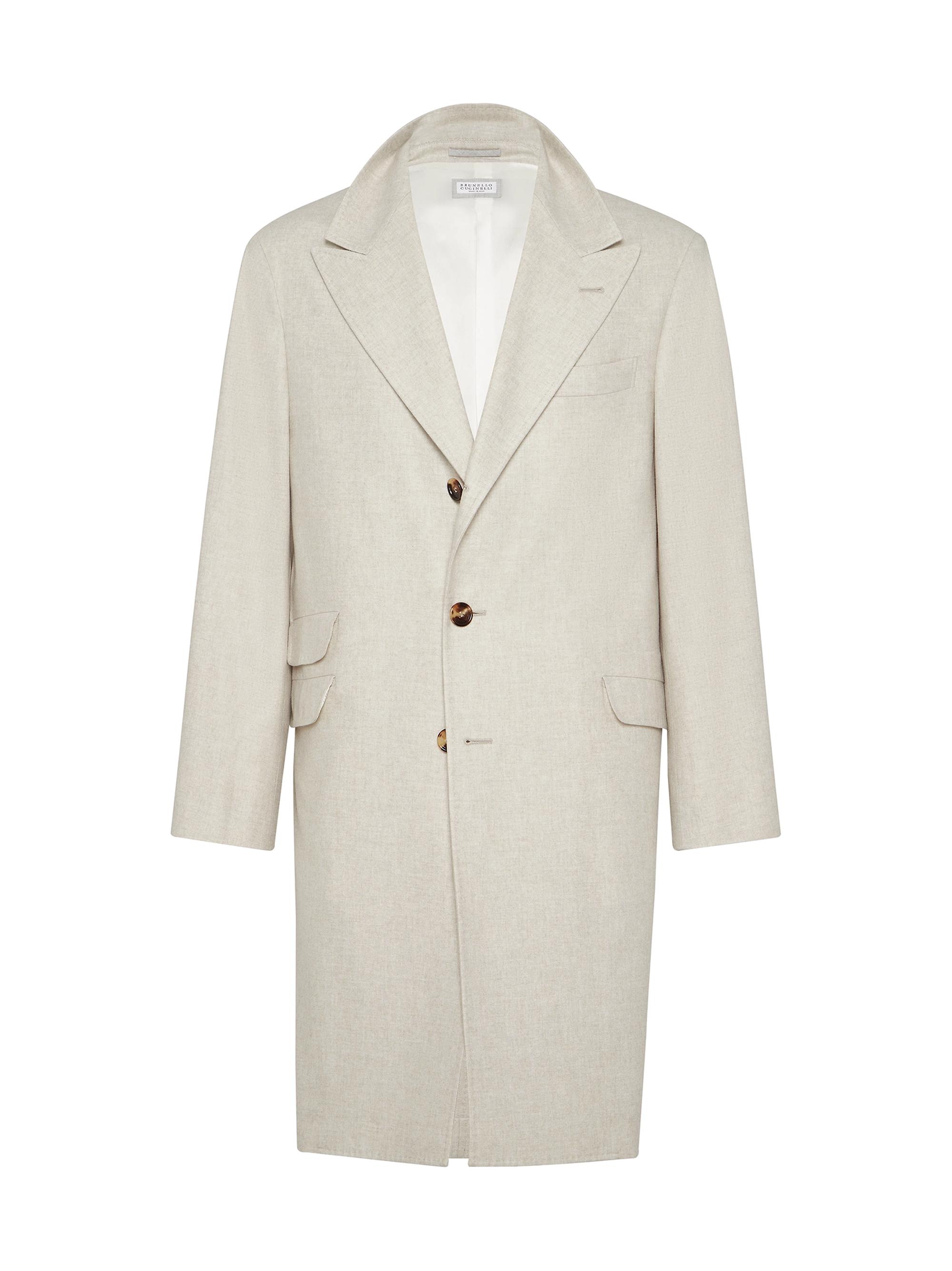 Brunello Cucinelli Men's Mélange Cashmere Flannel Coat with Peak Lapels - Sand