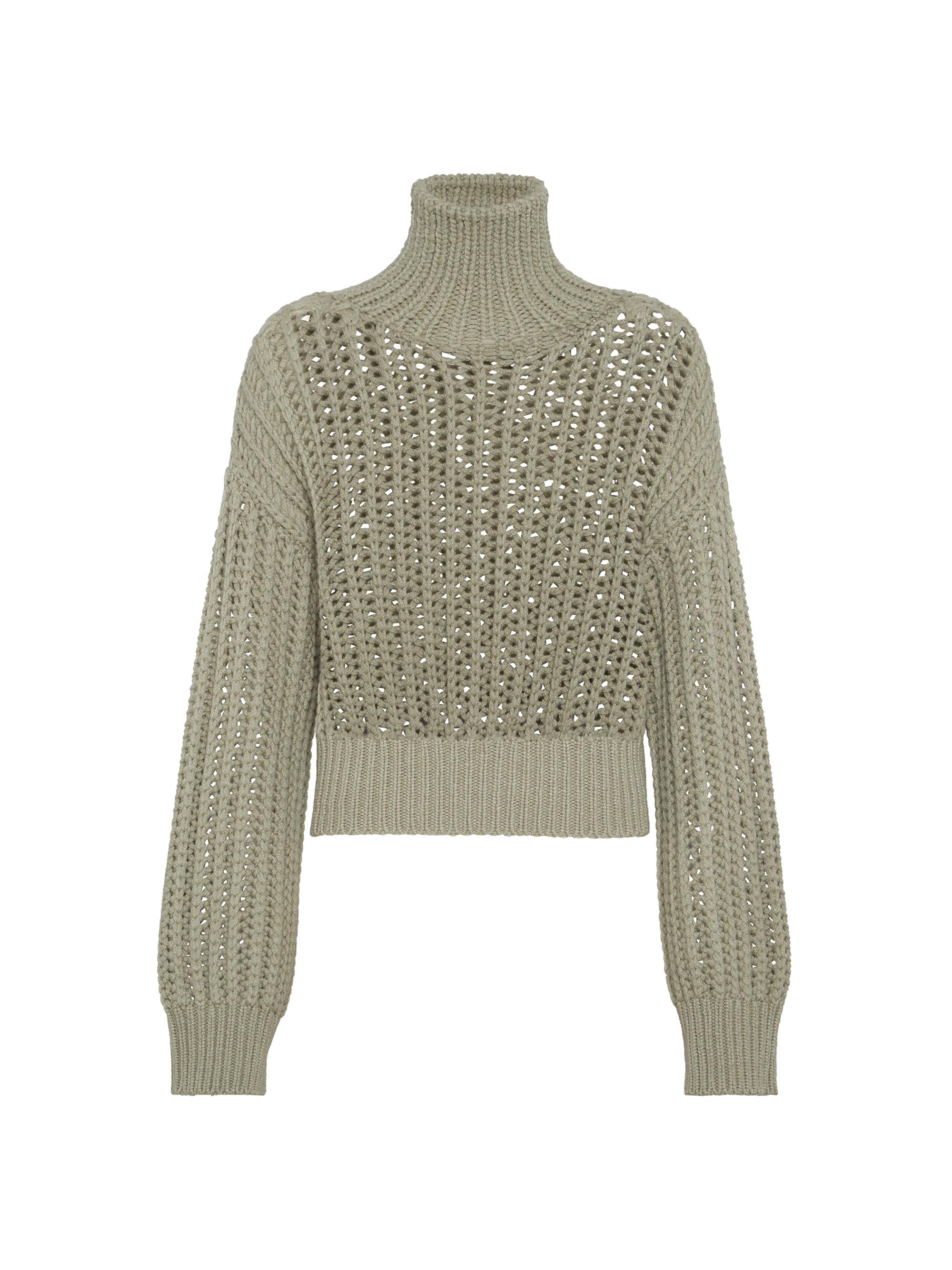 Brunello Cucinelli Women's Openwork Rib Turtleneck Sweater in Cashmere Feather Yarn - Green