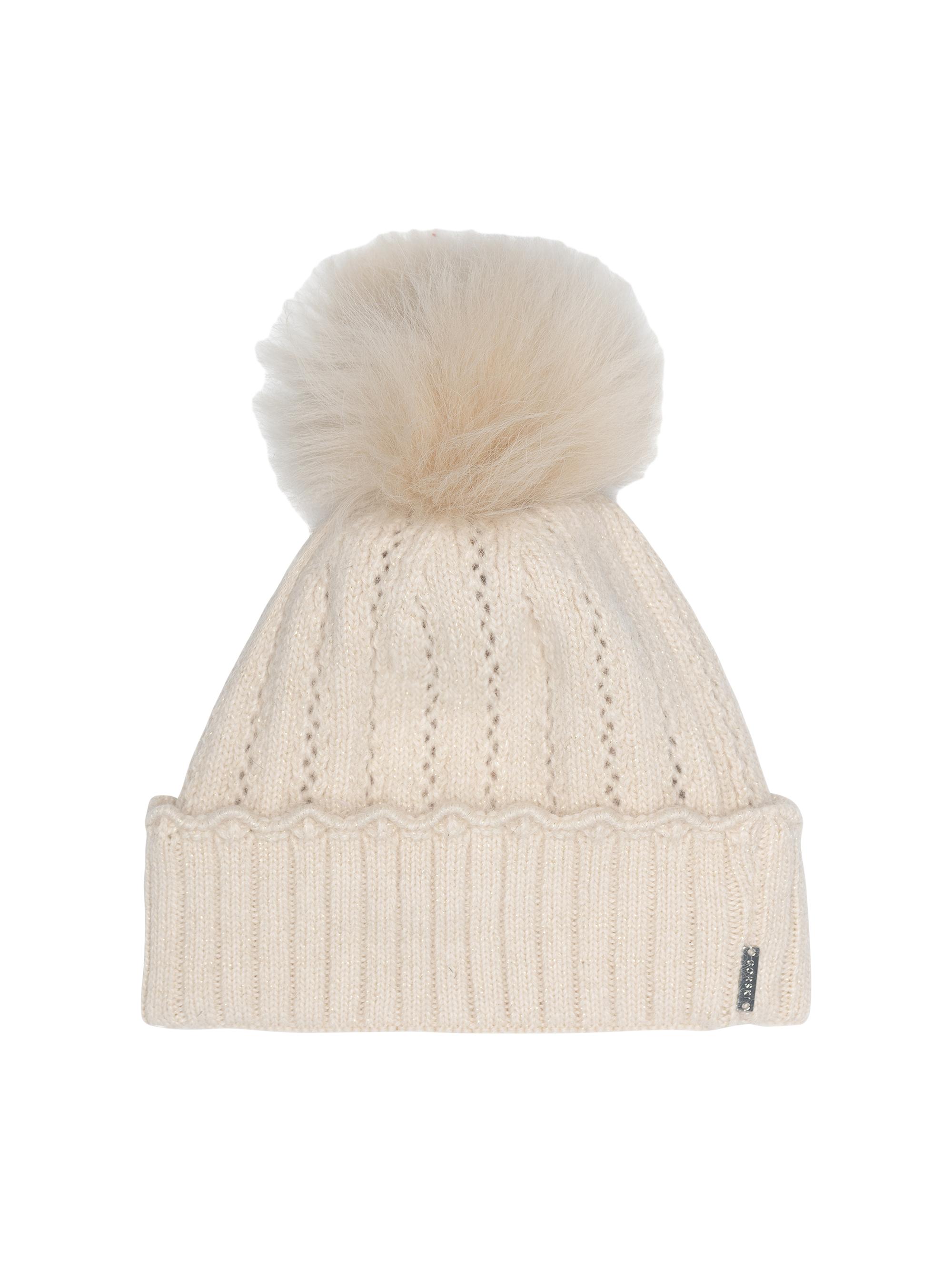 Gorski Women's Knit Beanie Hat with Select Lamb Pompom - Beige