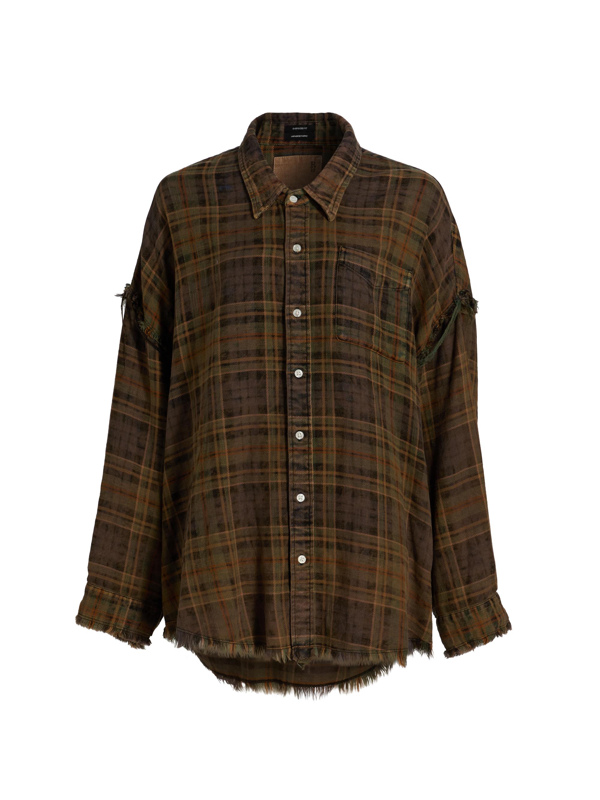 R13 Women's Shredded-Seam Plaid Cotton Shirt - Teal Navy Yellow Plaid Brown