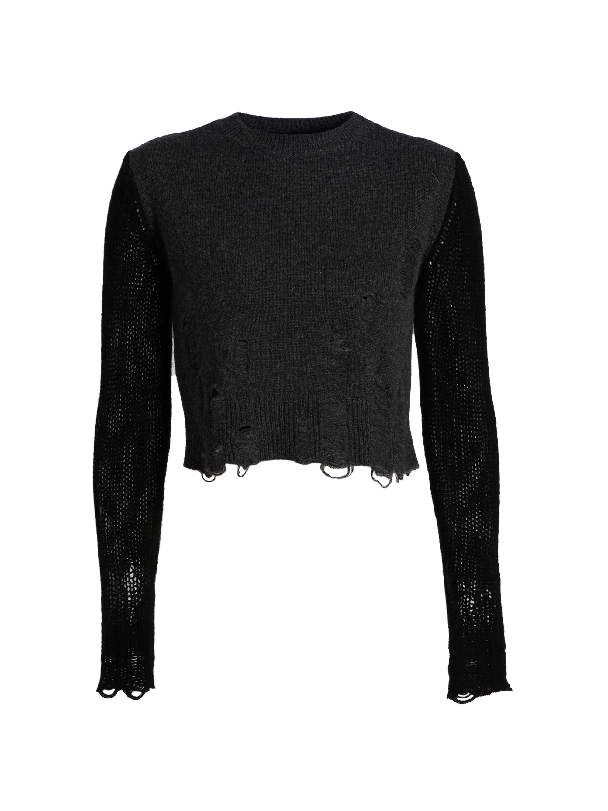 R13 Women's Distressed Rib-Knit Cashmere Crop Sweater - Charcoal Black