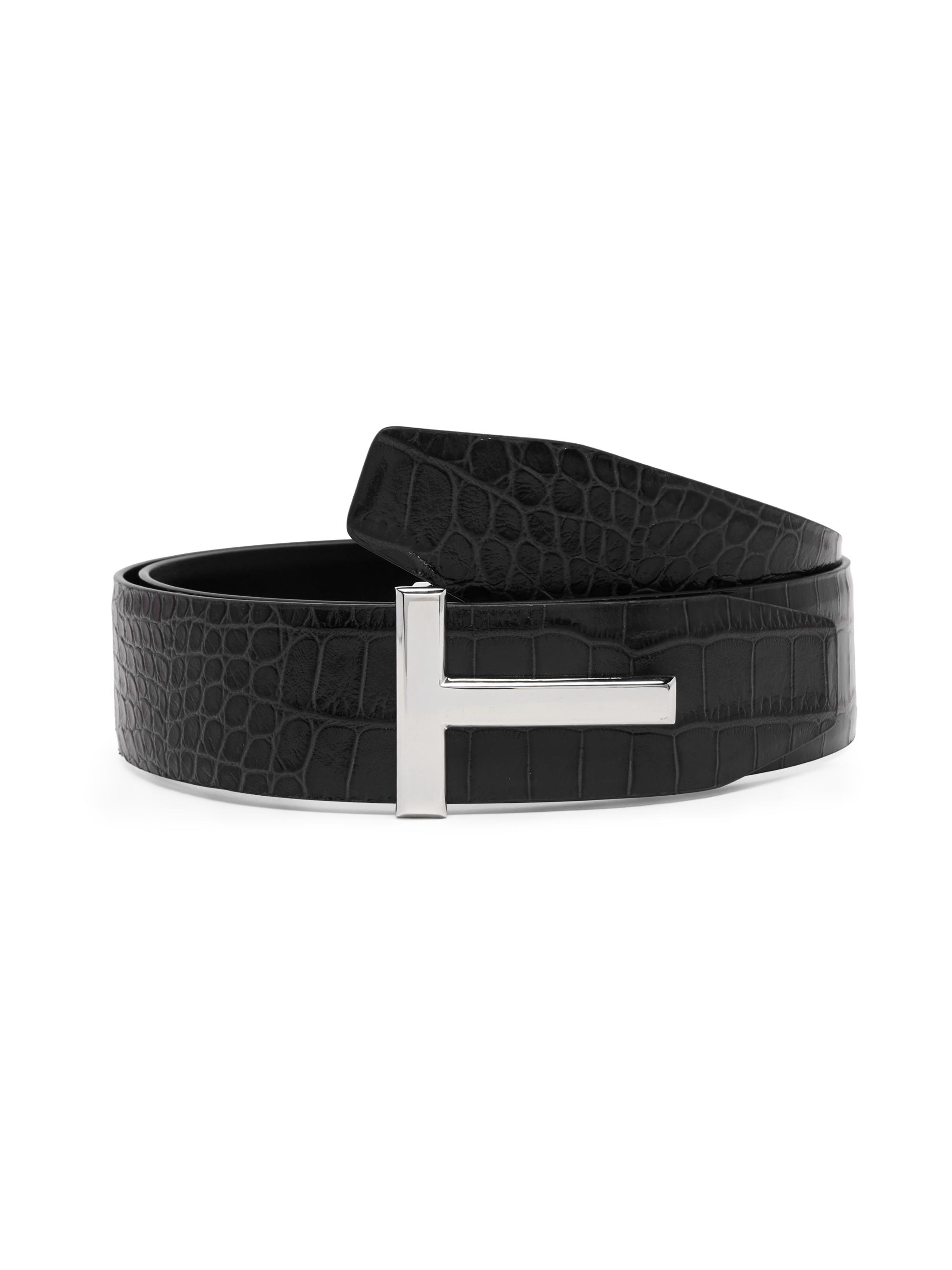 TOM FORD Men's T Reversible Croc-Embossed Leather Belt - Black